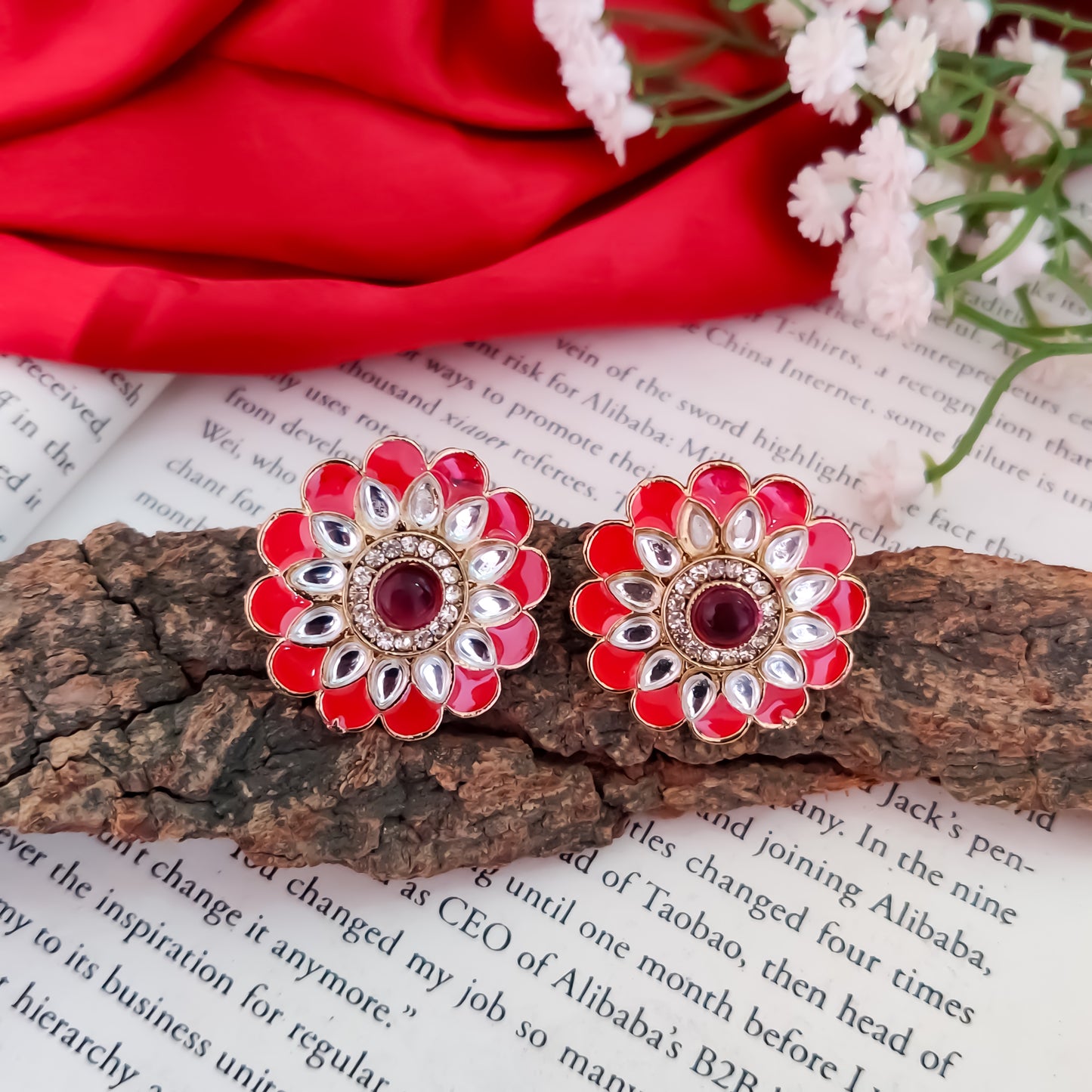 Shahida Kundan Stud Earring - Hot Pink