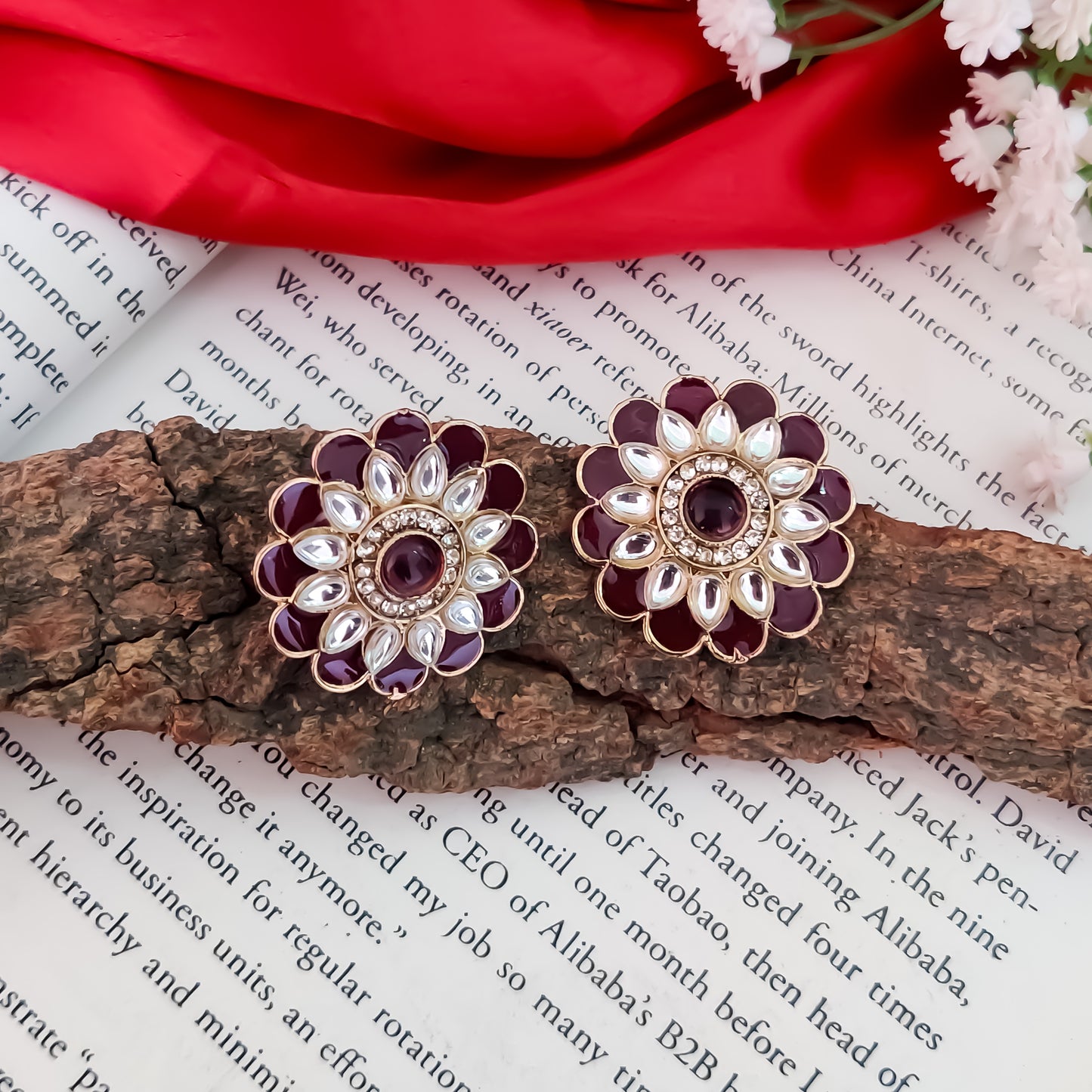 Shahida Kundan Stud Earring - Wine