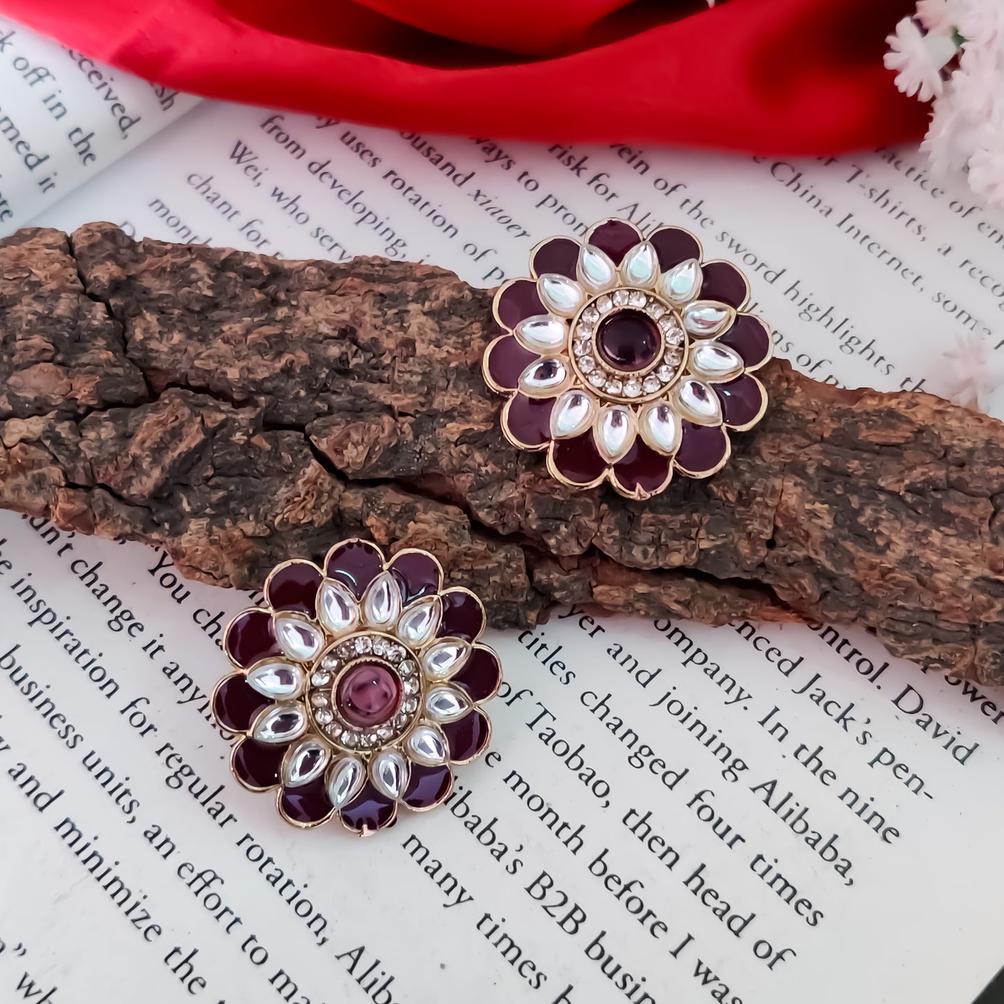 Shahida Kundan Stud Earring - Wine