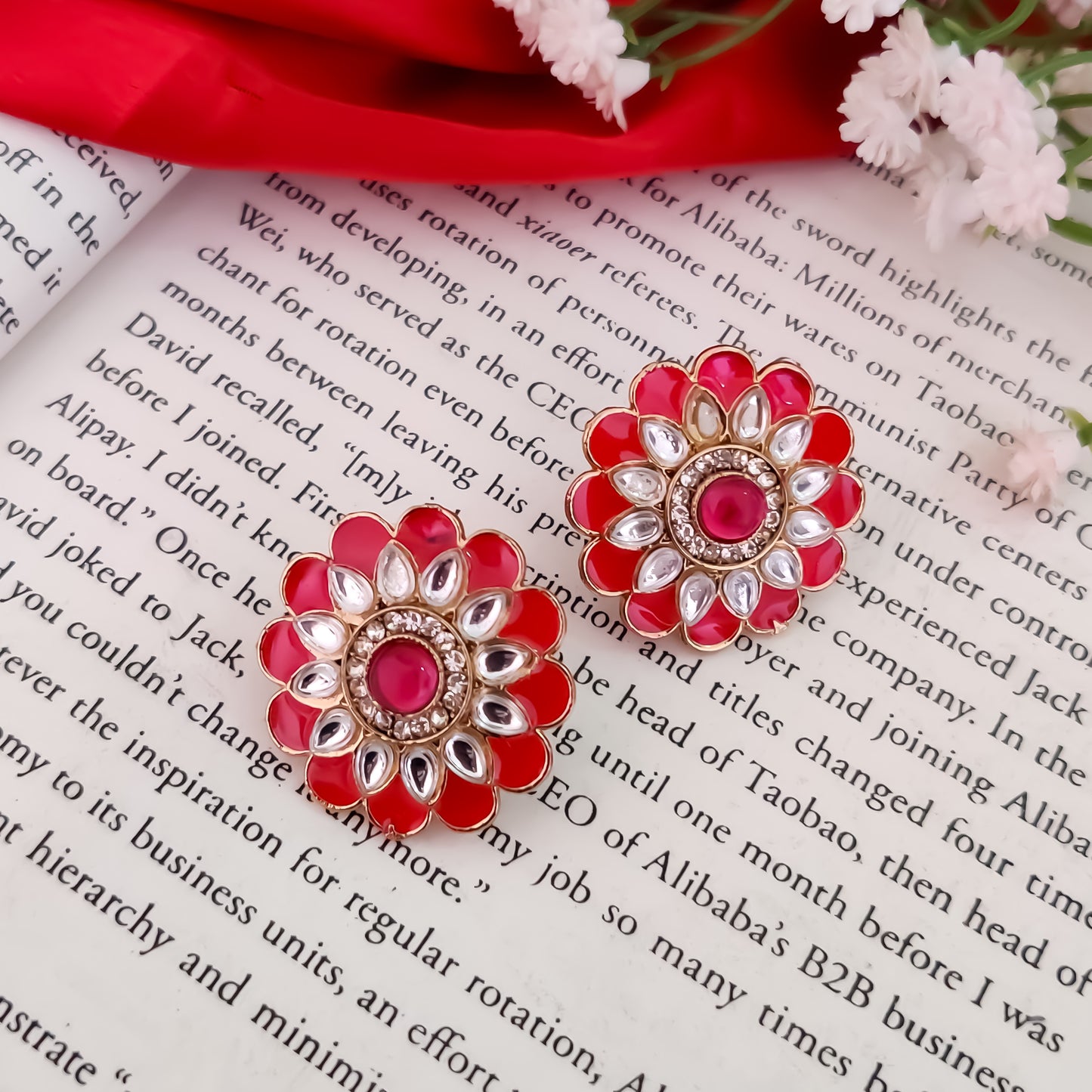 Shahida Kundan Stud Earring - Hot Pink