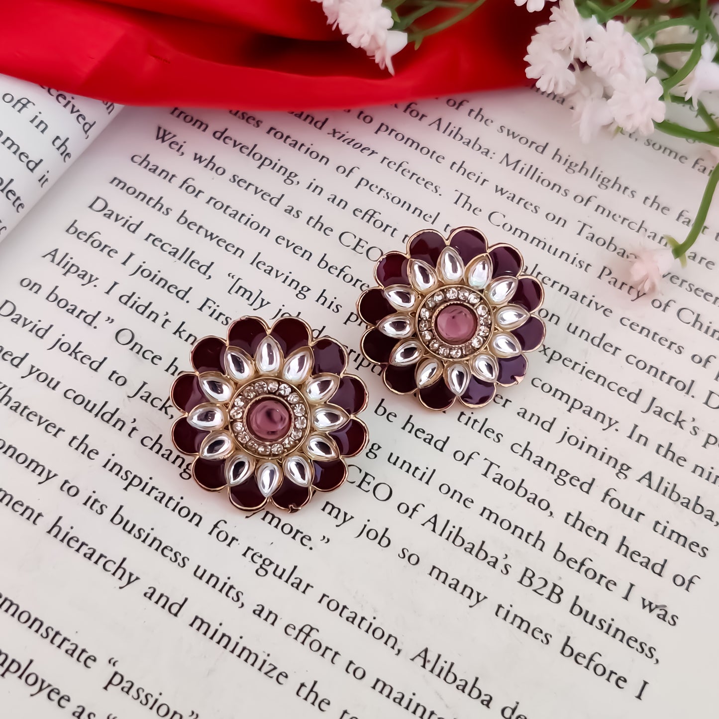Shahida Kundan Stud Earring - Wine