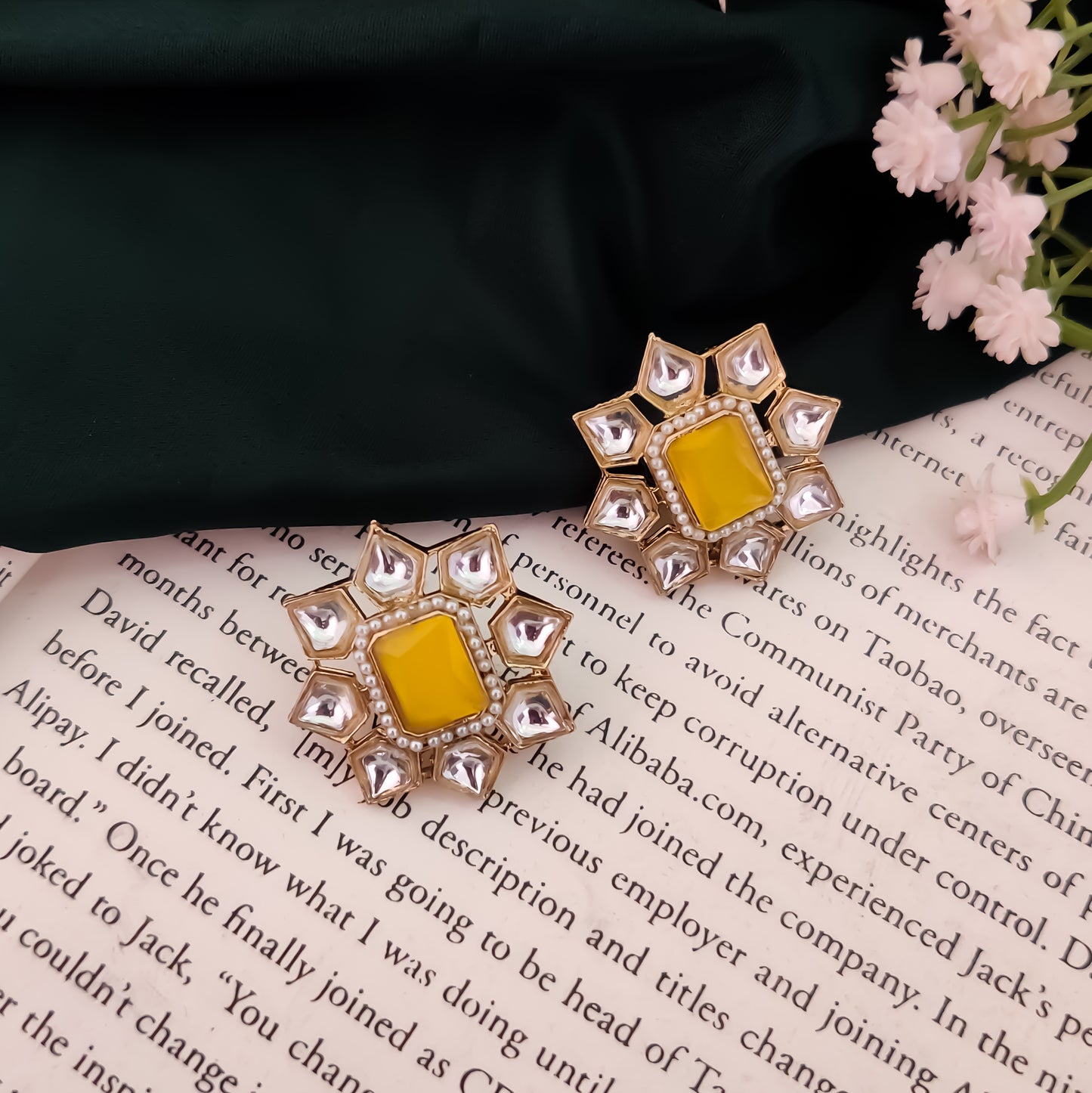 Shaheen Kundan Stud Earring - Yellow