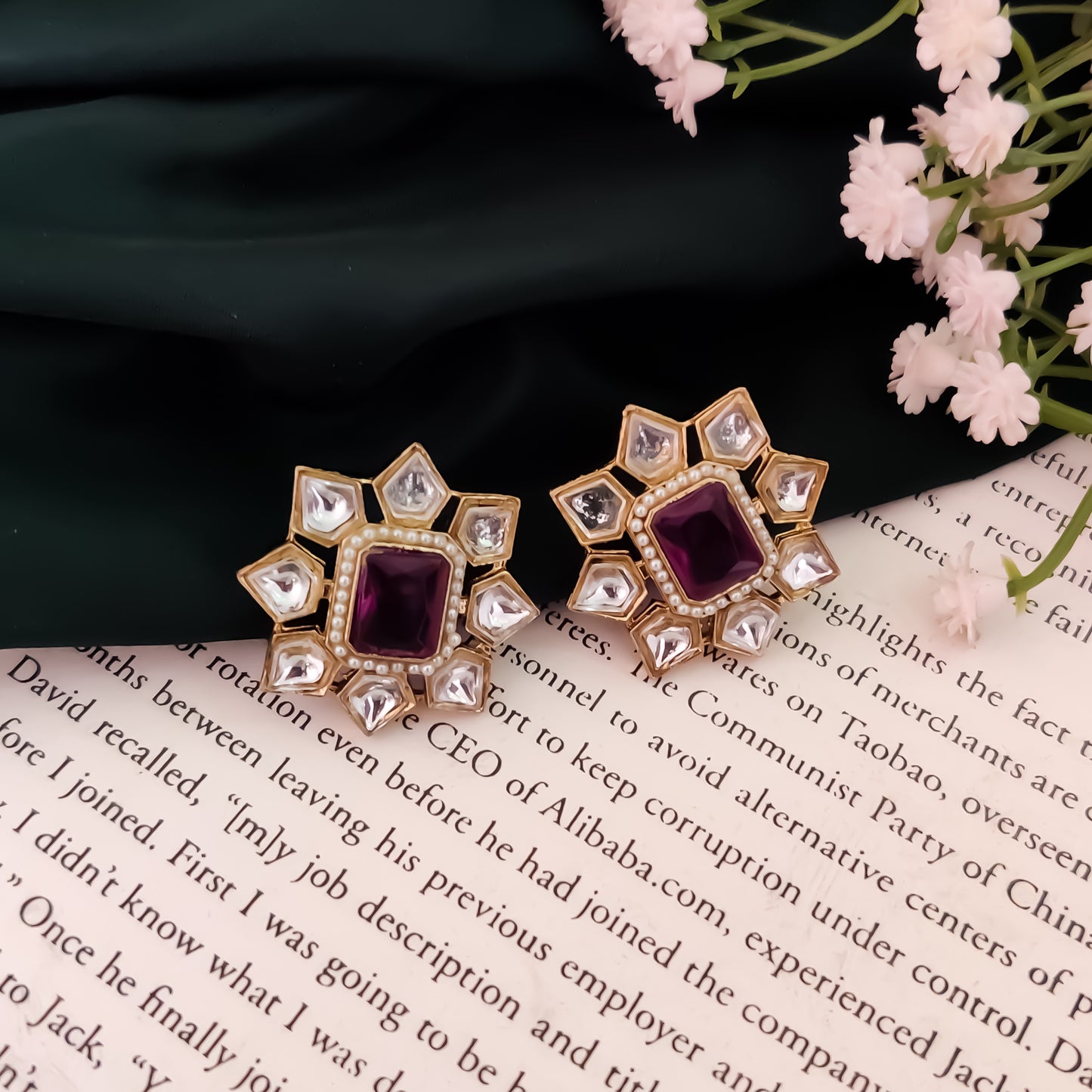 Shaheen Kundan Stud Earring - Purple