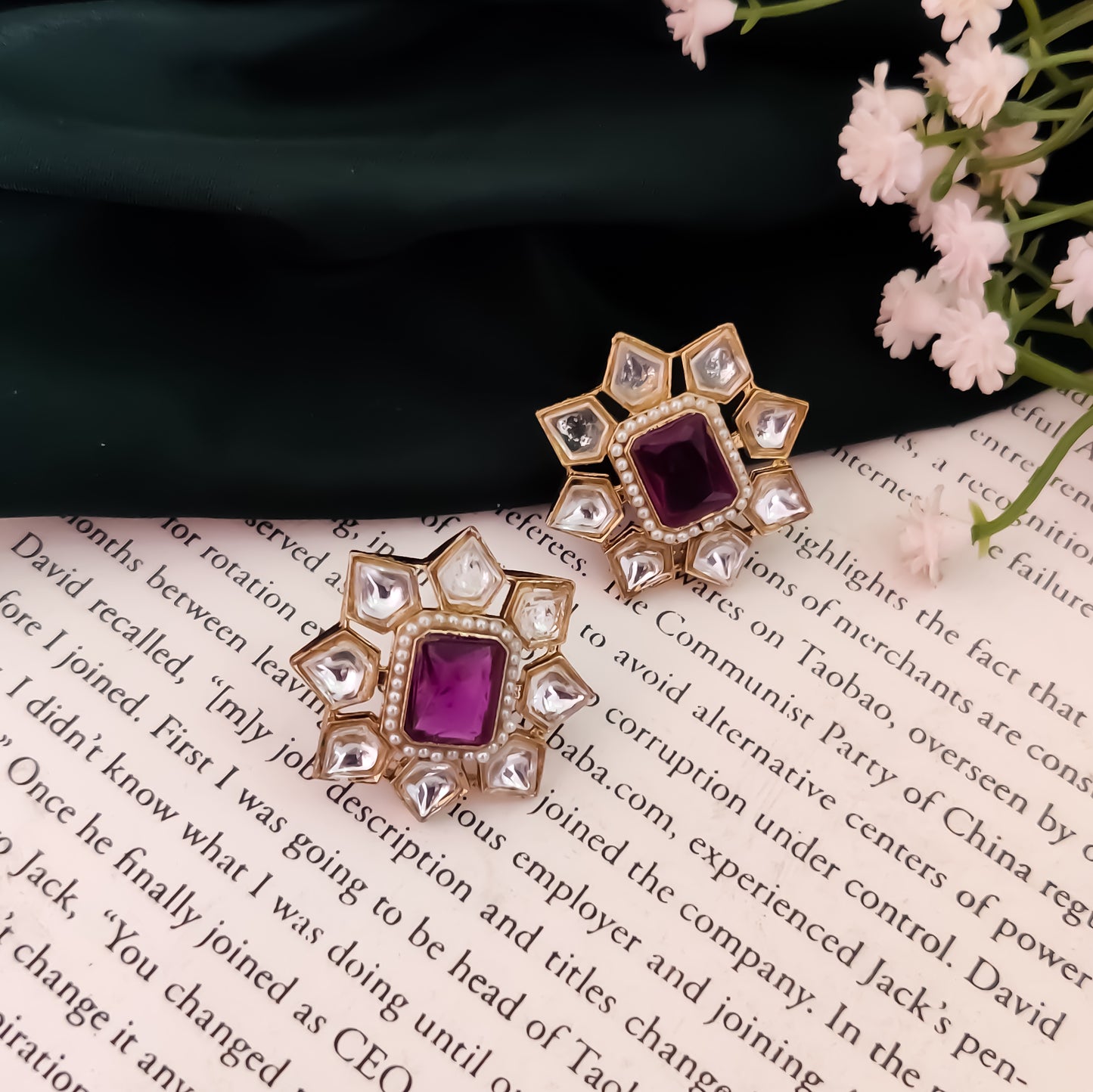 Shaheen Kundan Stud Earring - Purple