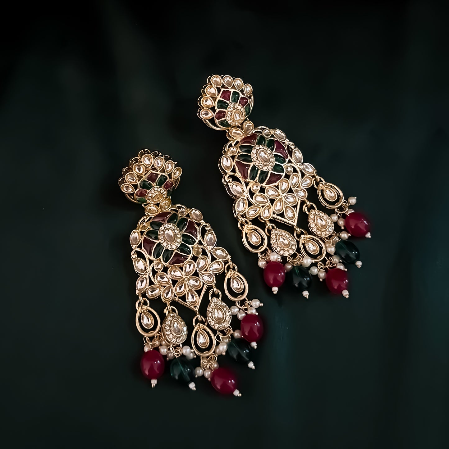 Medha Meenakari Pearl Chandbali Earrings - Ruby & Green
