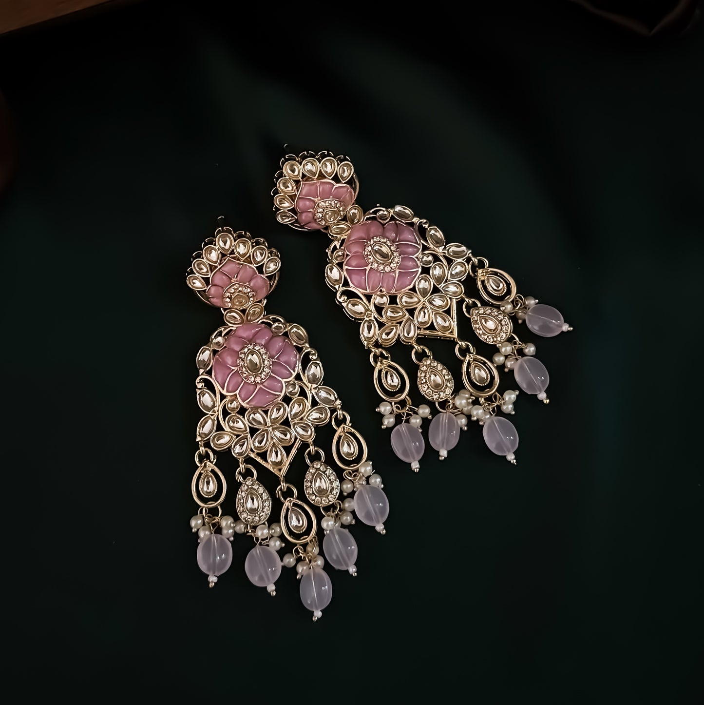 Medha Meenakari Pearl Chandbali Earrings - Baby Pink