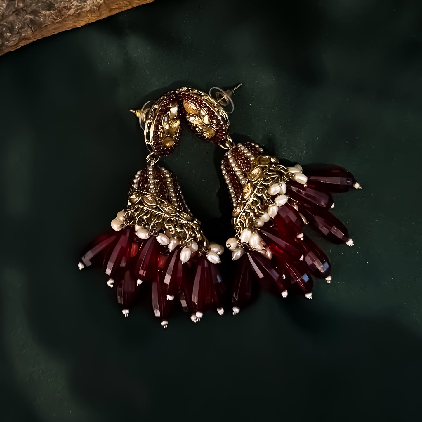 Maheer Jadau Jhumka Earrings - Maroon