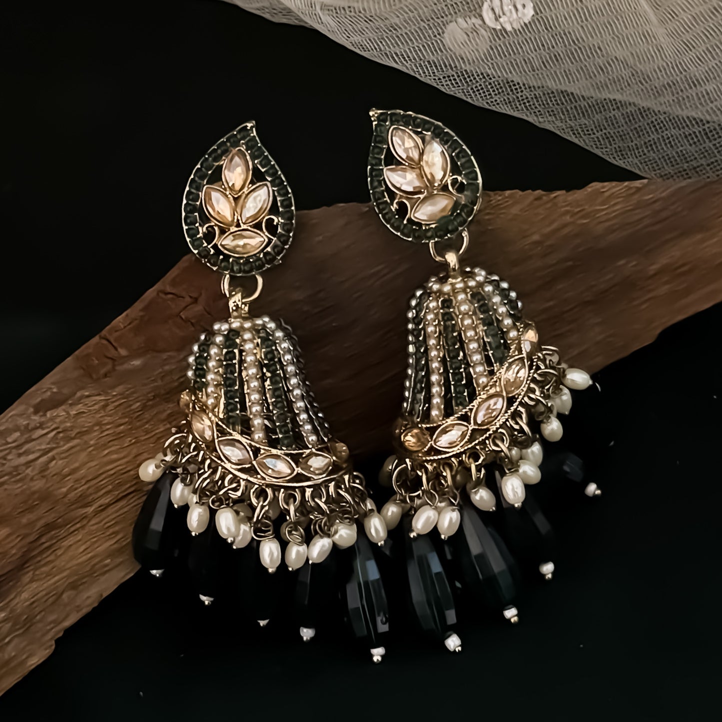 Maheer Jadau Jhumka Earrings - Green
