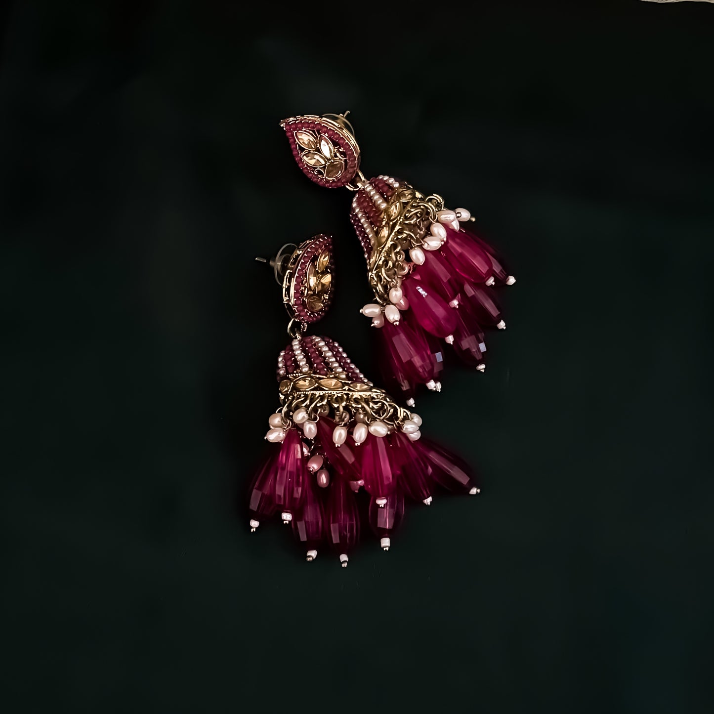 Maheer Jadau Jhumka Earrings - Hot Pink