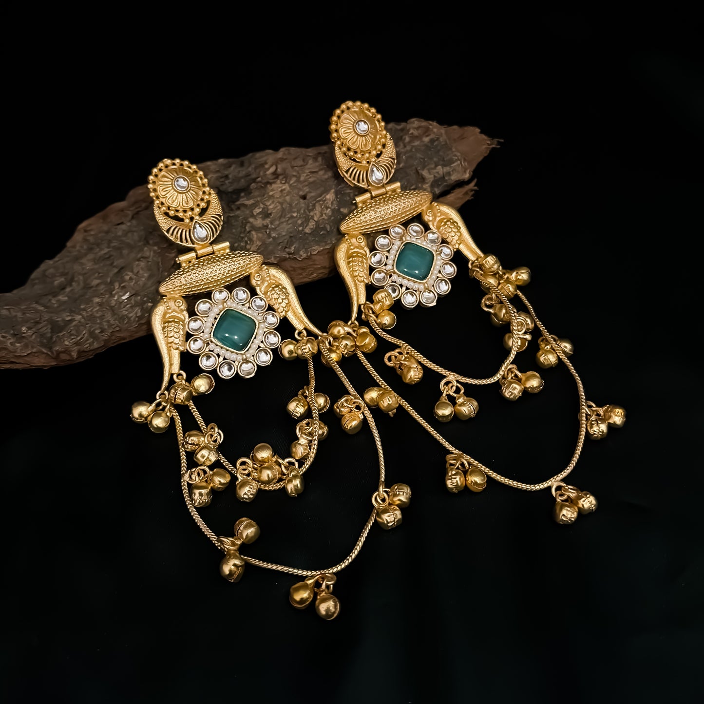 Rajitha Kashmiri Brass Ghungroo Chandbali Earrings - Pastel Green