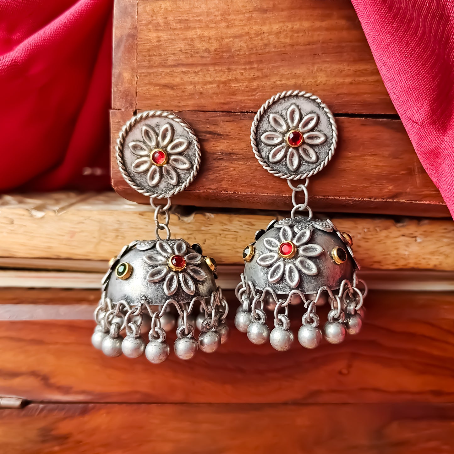 Manmeet Floral Vintage Polish Jhumka Earrings - Multi