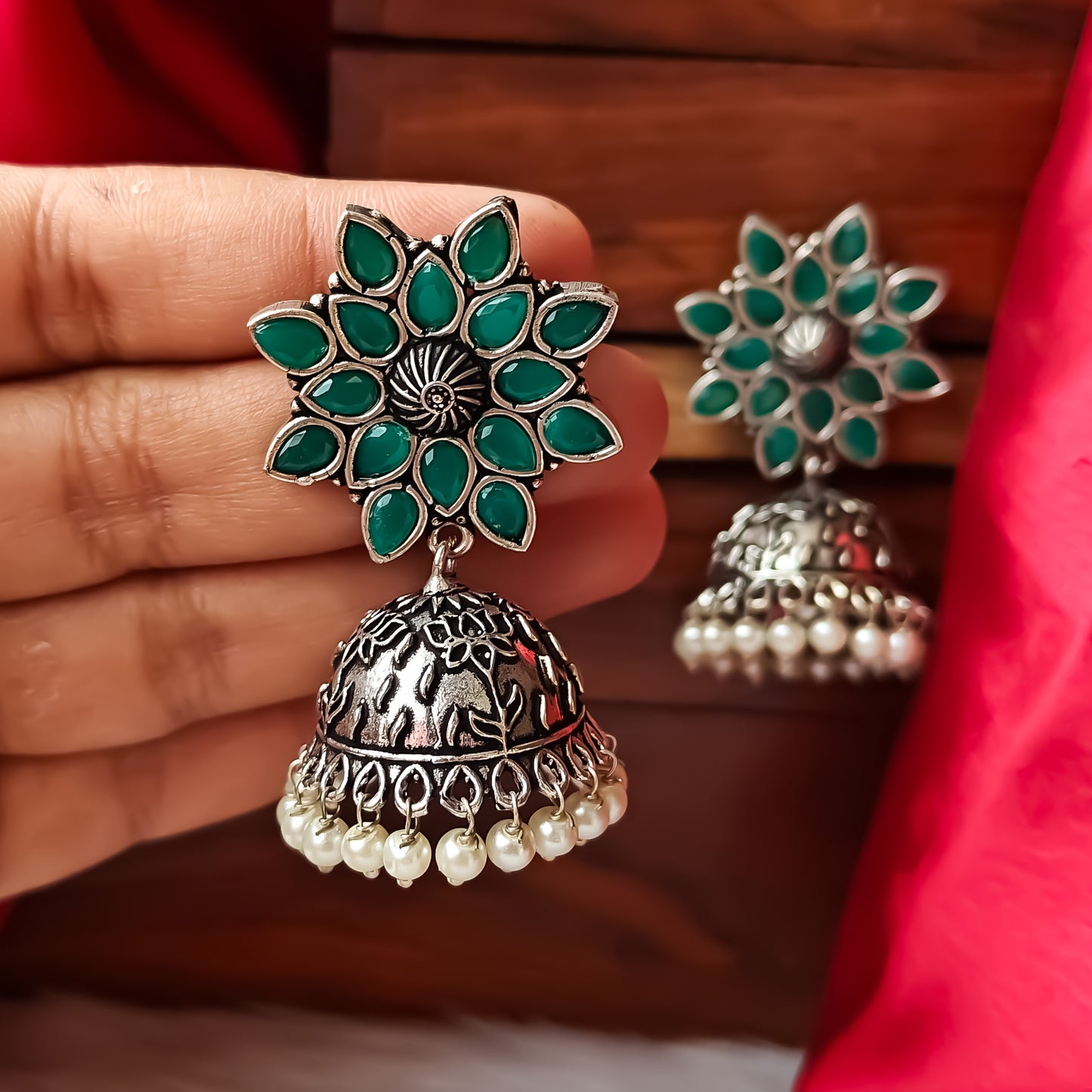 Soni German Silver Jhumka - Green