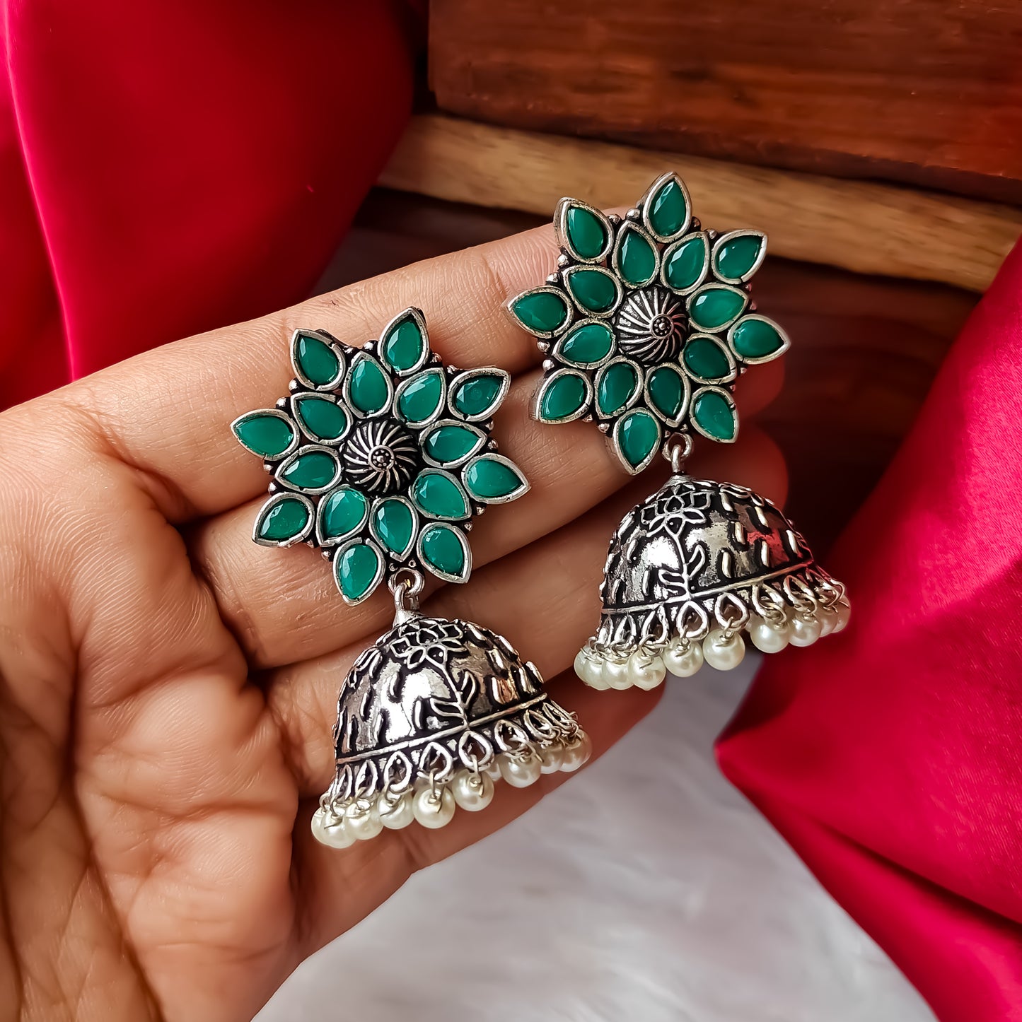 Soni German Silver Jhumka - Green