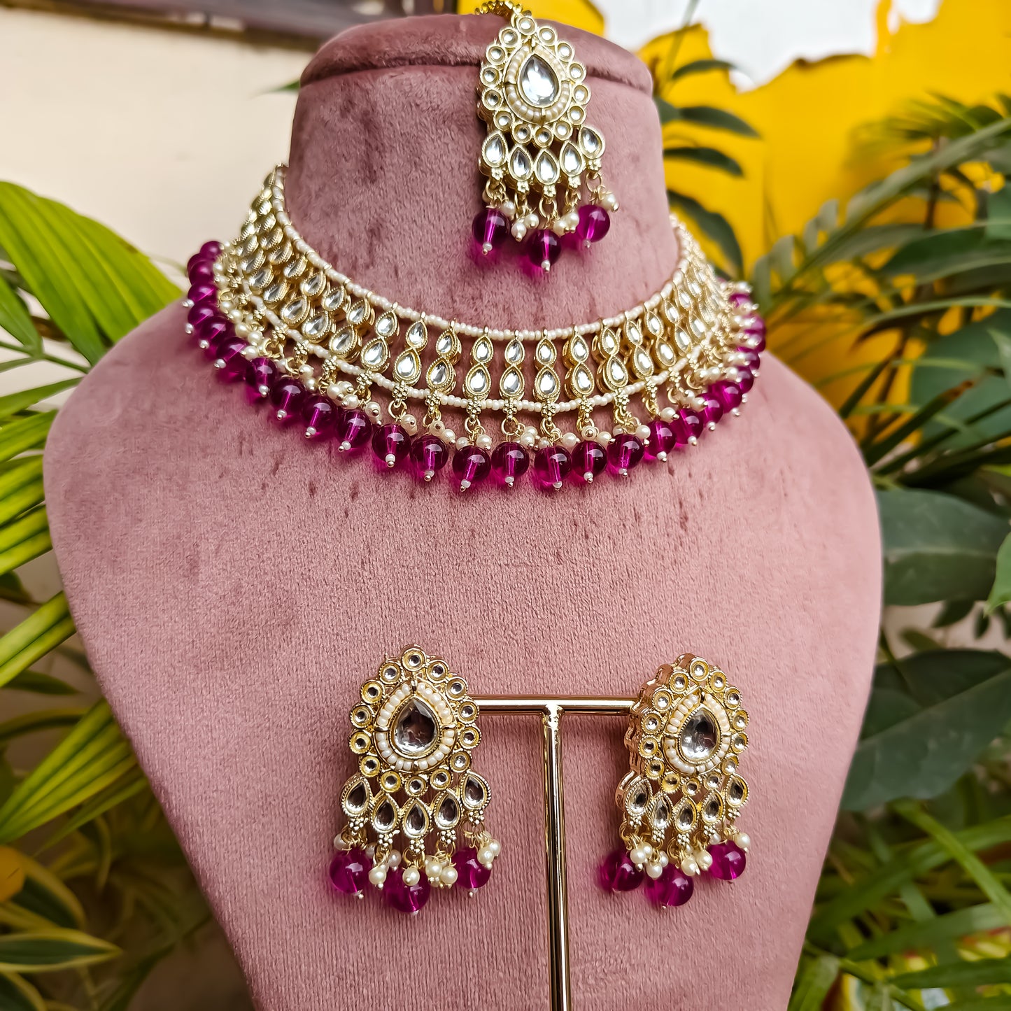 Gazal Wine Pearl Necklace Set with Earrings & Tika