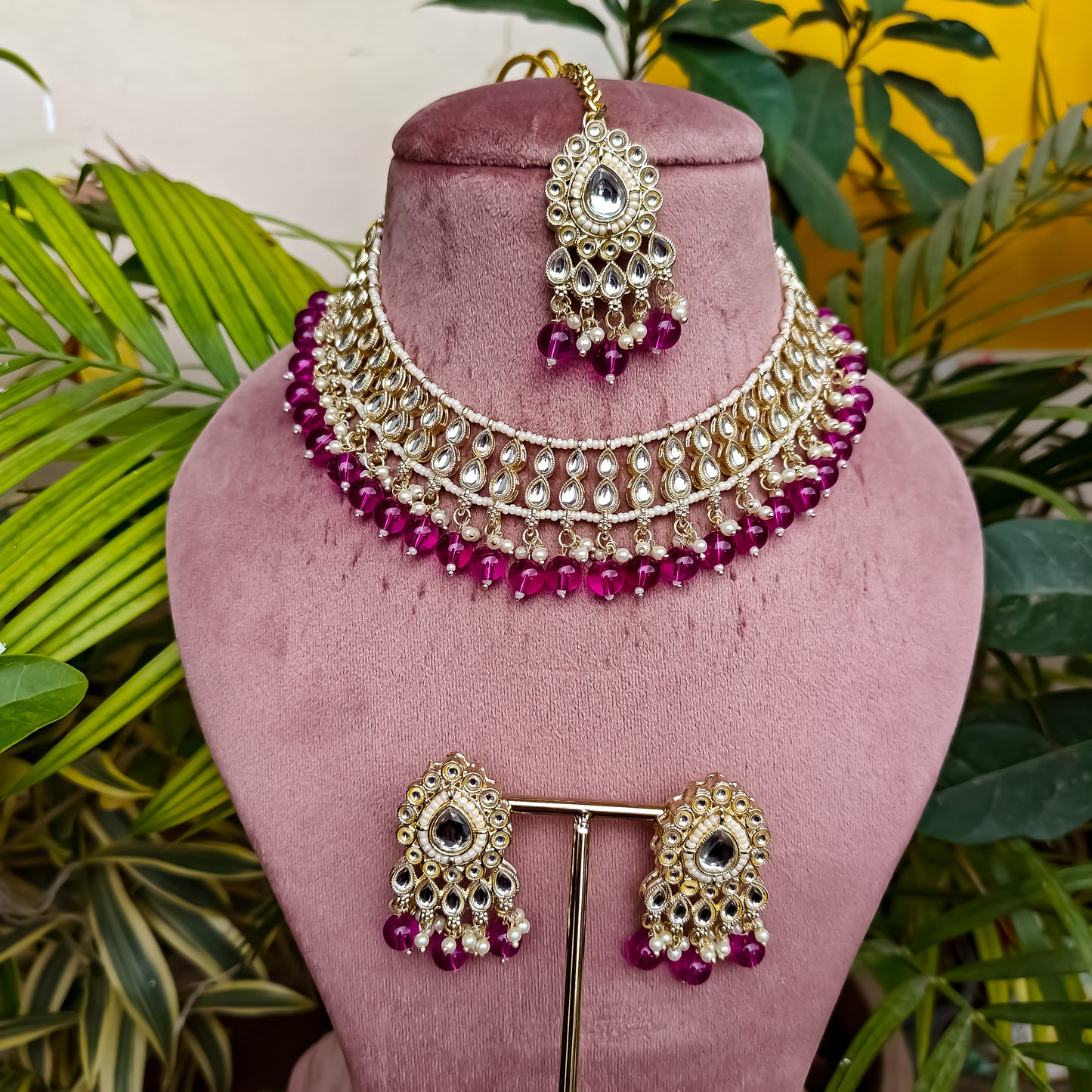 Gazal Wine Pearl Necklace Set with Earrings & Tika