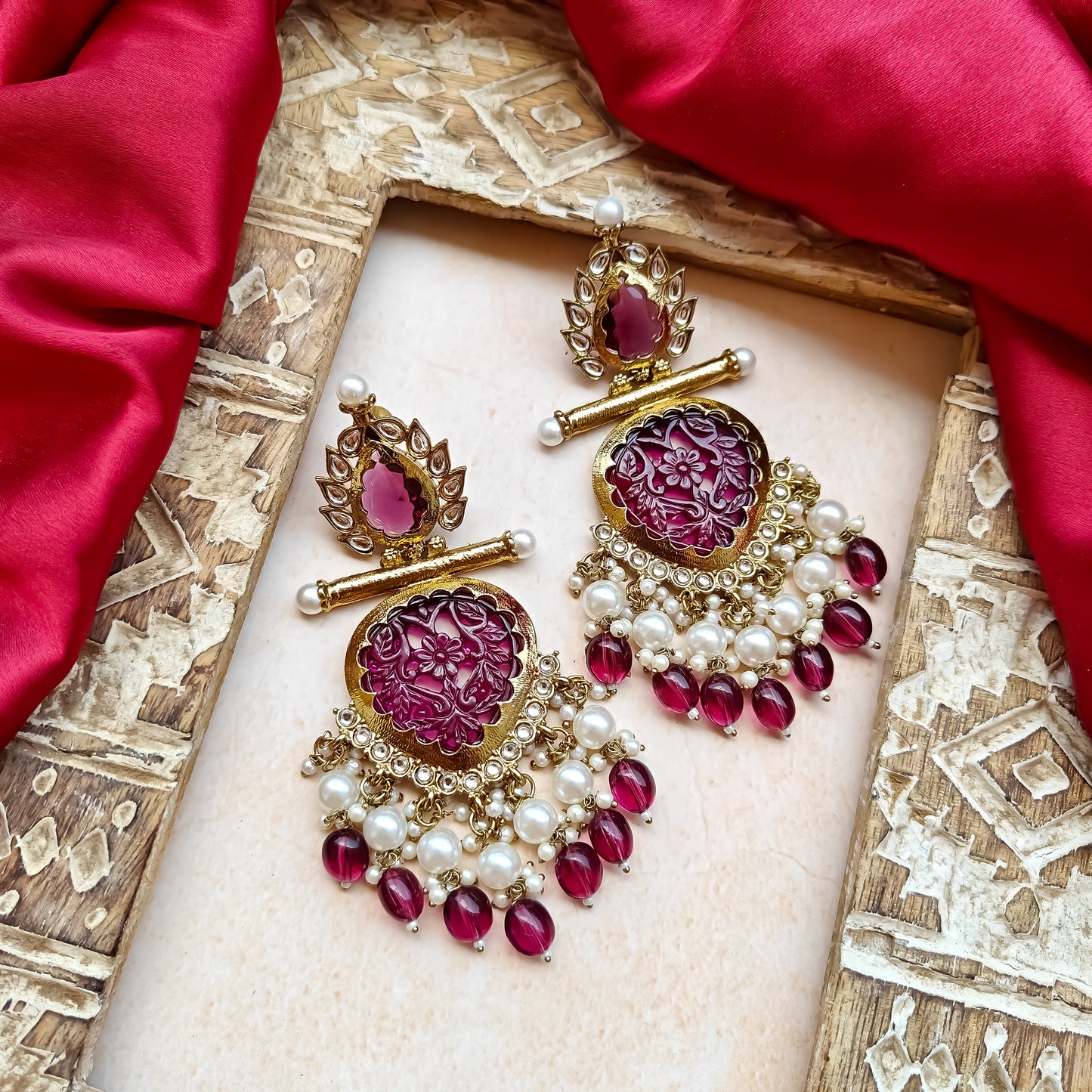 Shagun Cutwork Chandbali Earrings - Wine