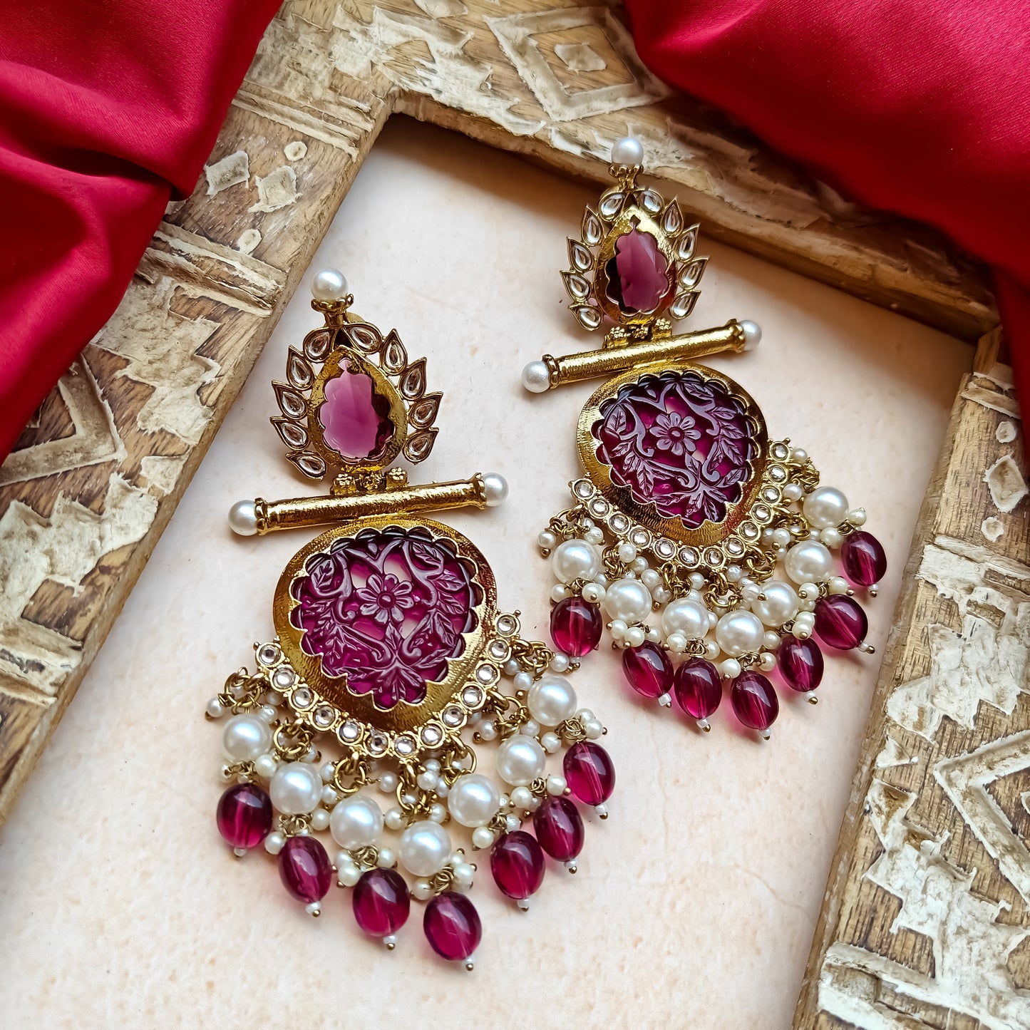 Shagun Cutwork Chandbali Earrings - Wine