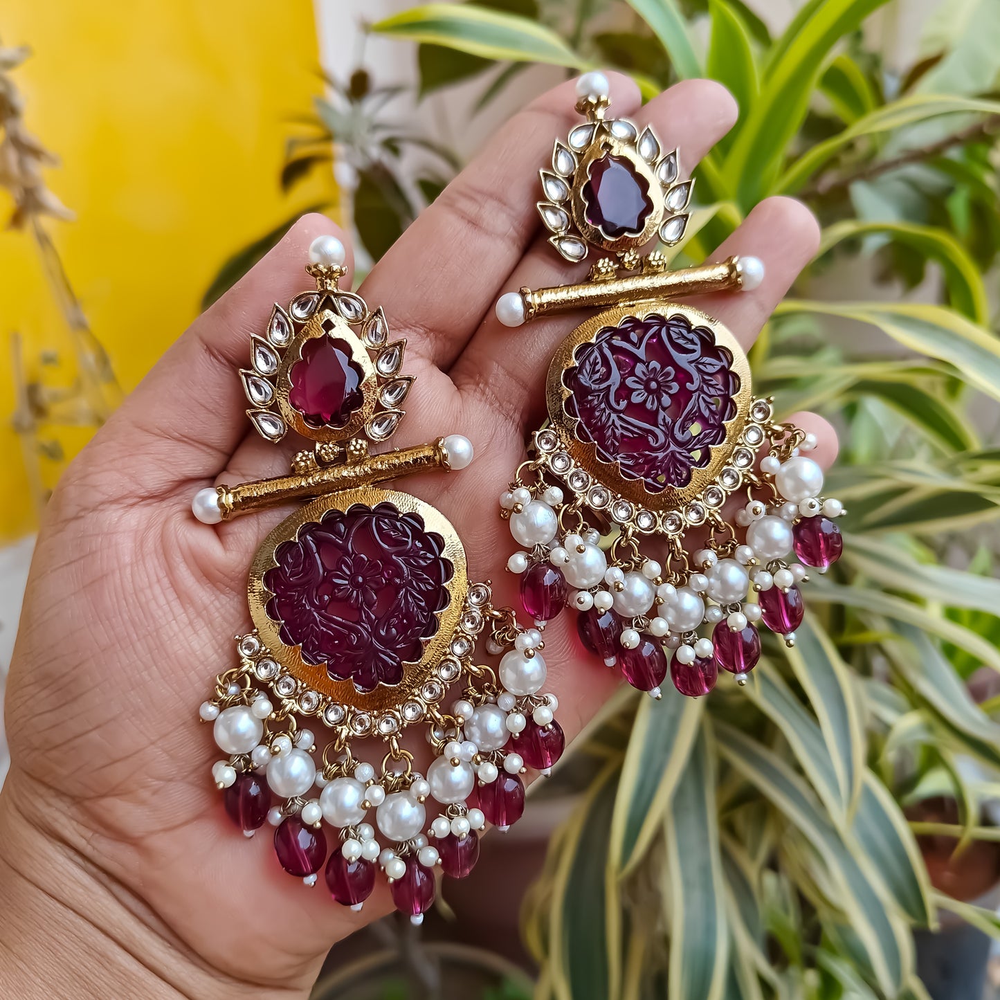 Shagun Cutwork Chandbali Earrings - Wine