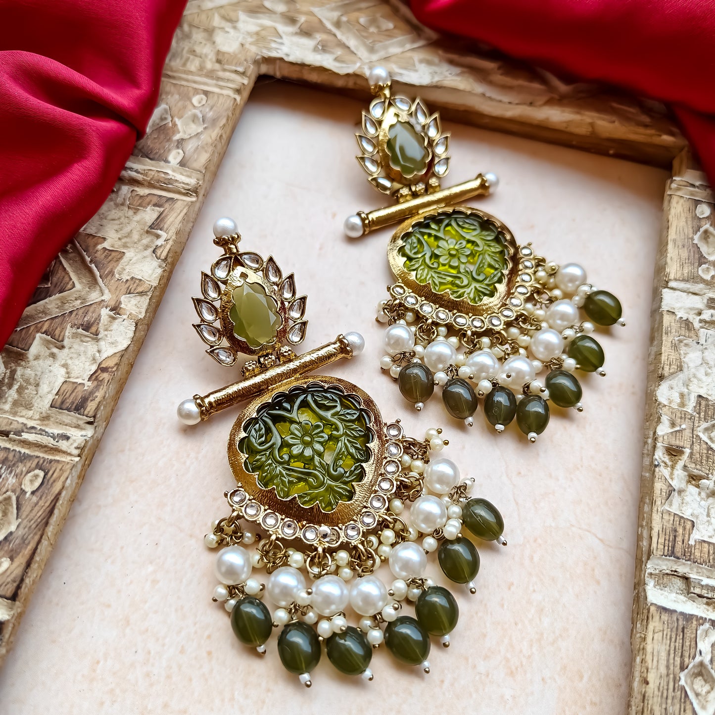 Shagun Cutwork Chandbali Earrings - Mehendi Green
