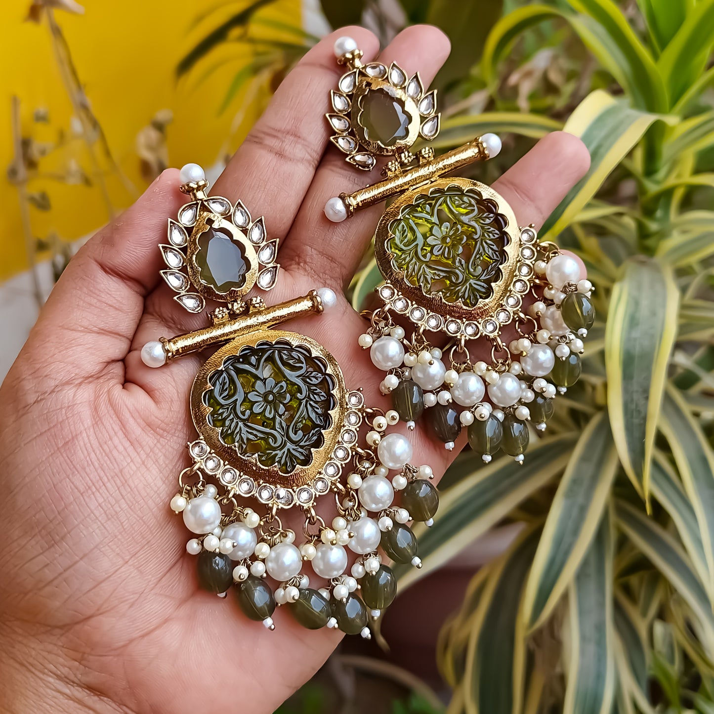 Shagun Cutwork Chandbali Earrings - Mehendi Green