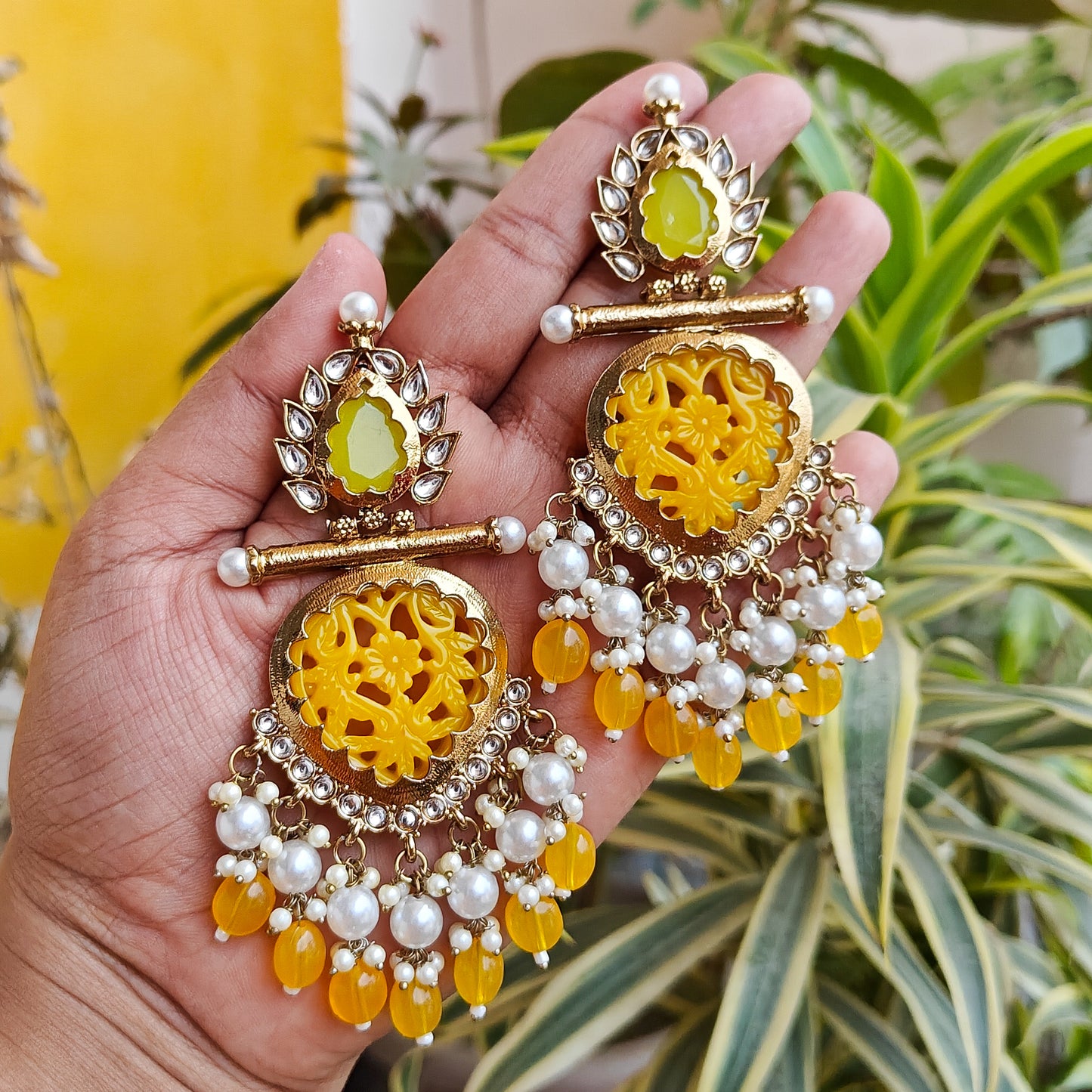 Shagun Cutwork Chandbali Earrings - Yellow