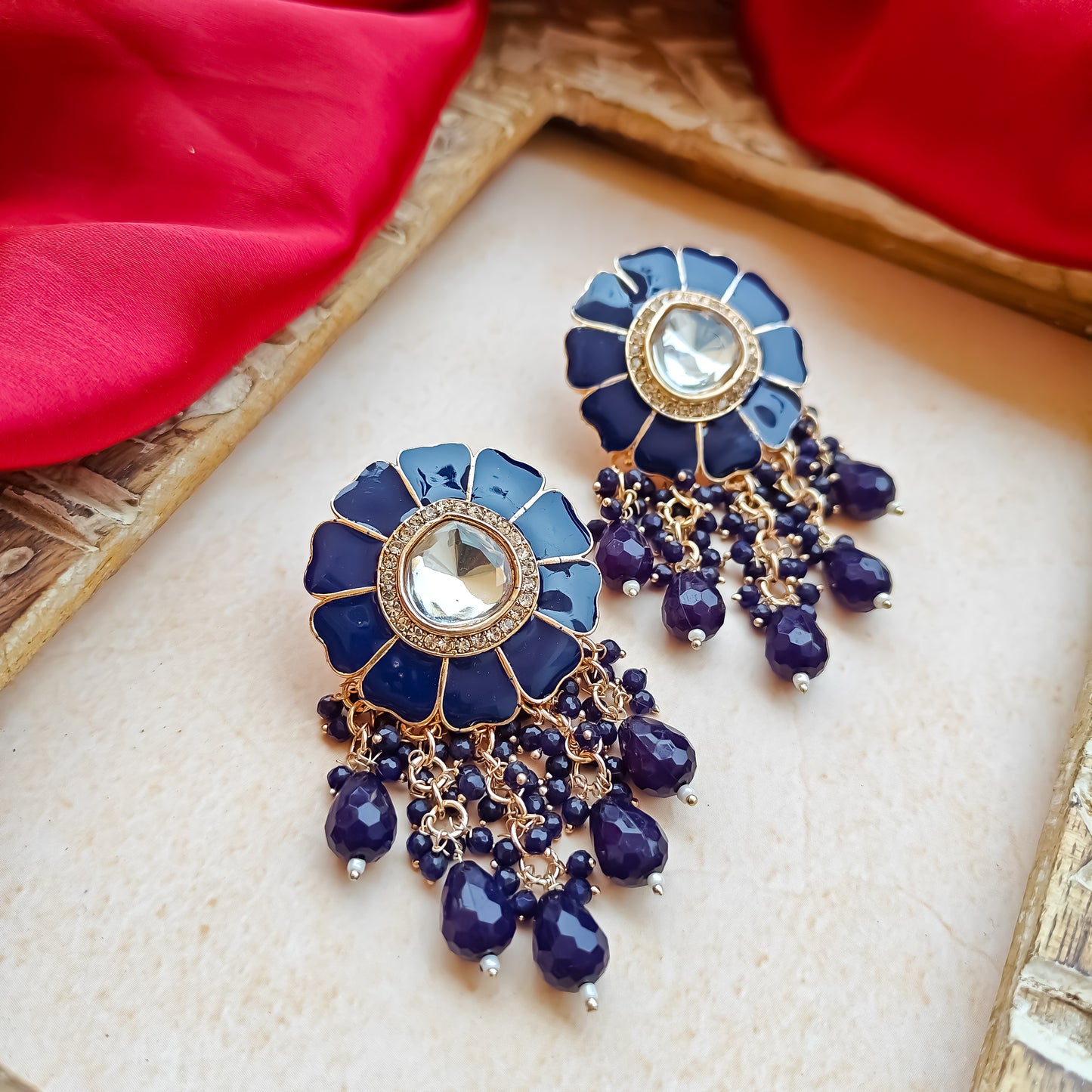 Noori Polki Stud Earrings - Blue