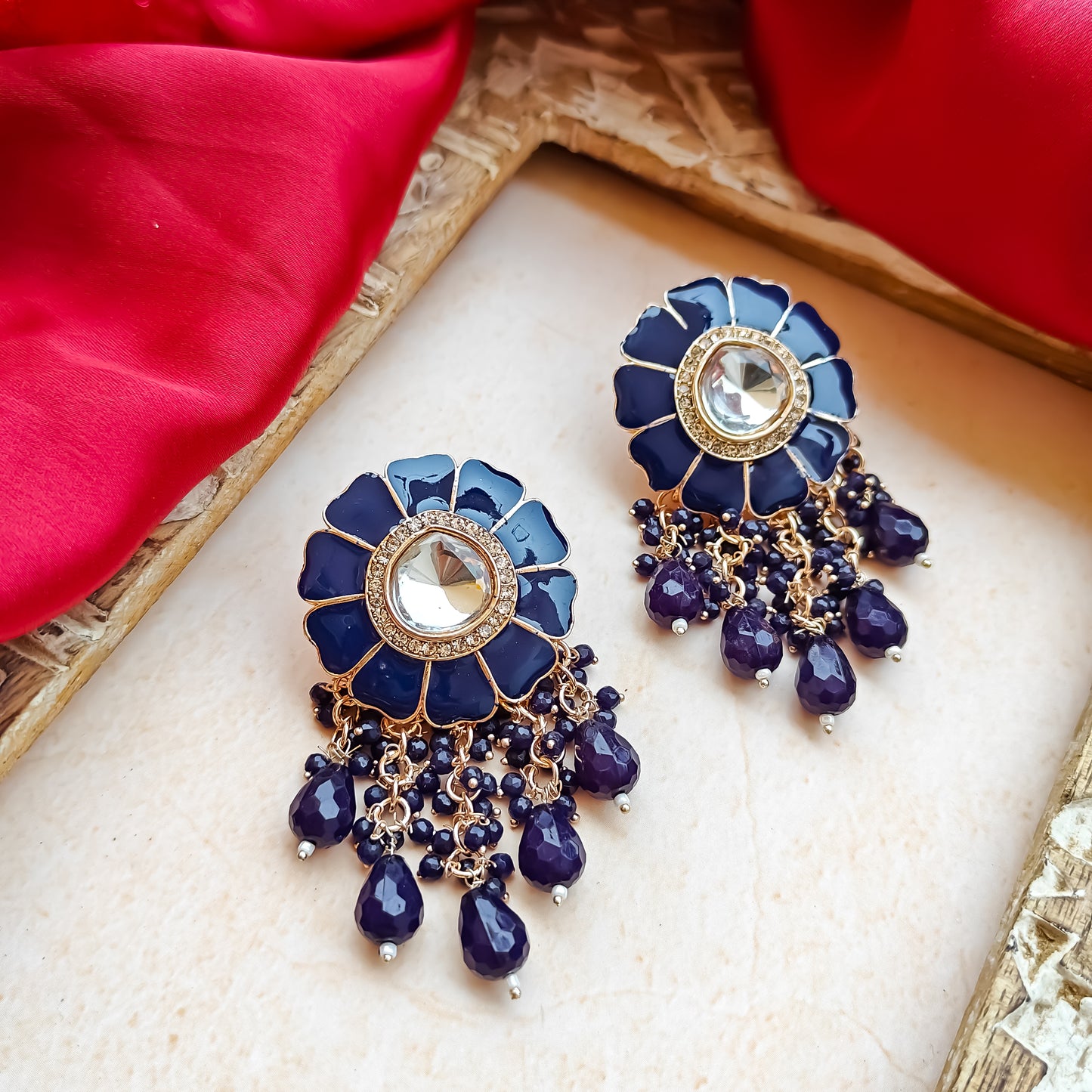 Noori Polki Stud Earrings - Blue