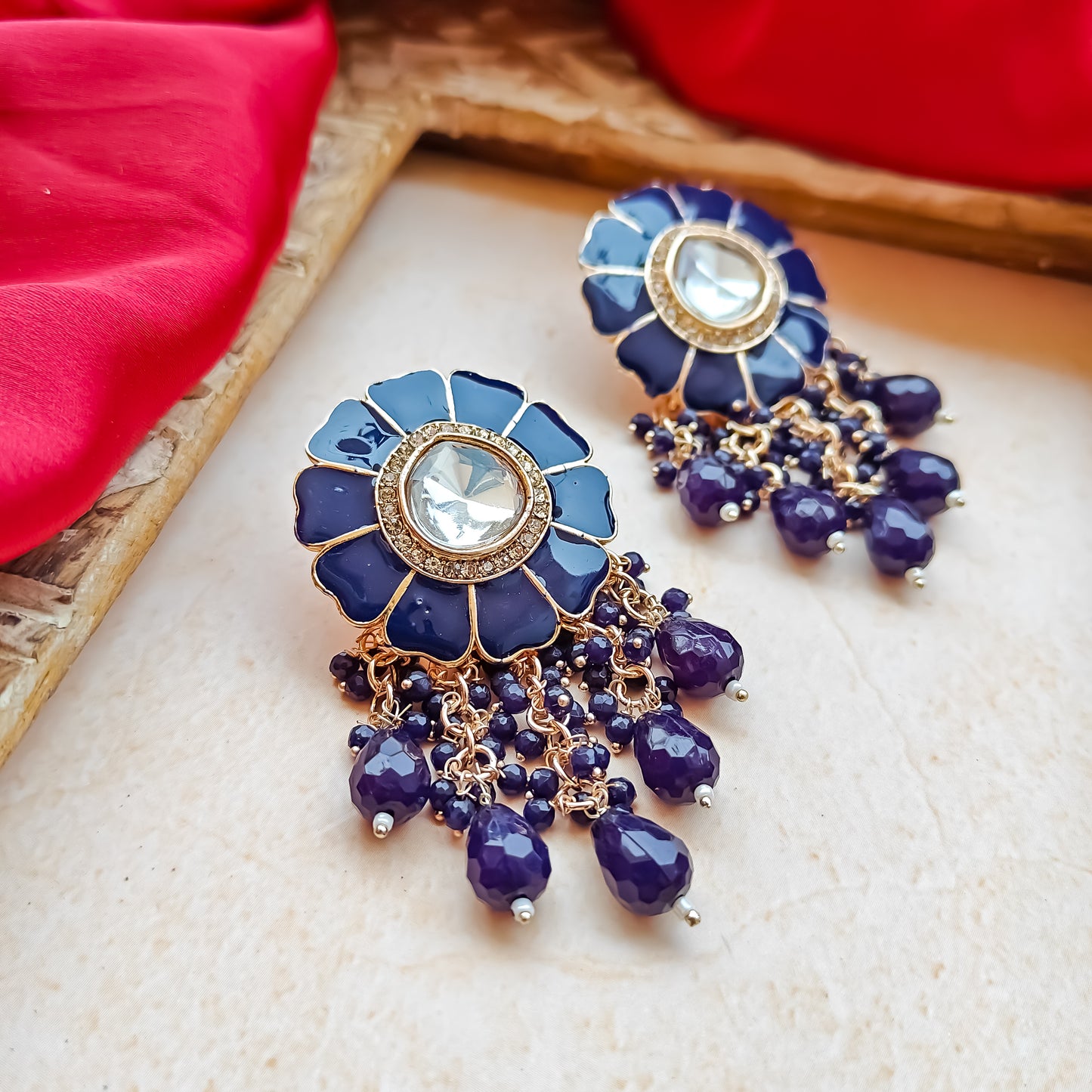 Noori Polki Stud Earrings - Blue