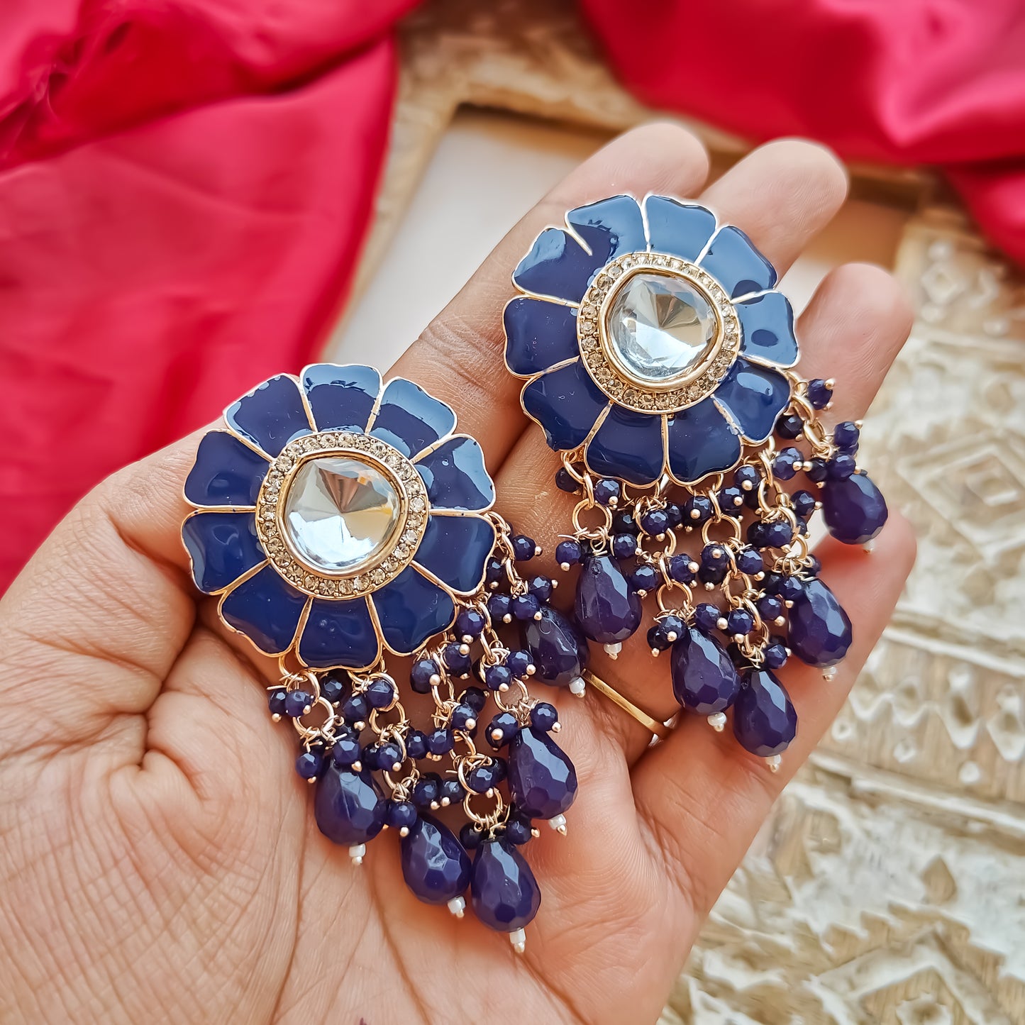 Noori Polki Stud Earrings - Blue