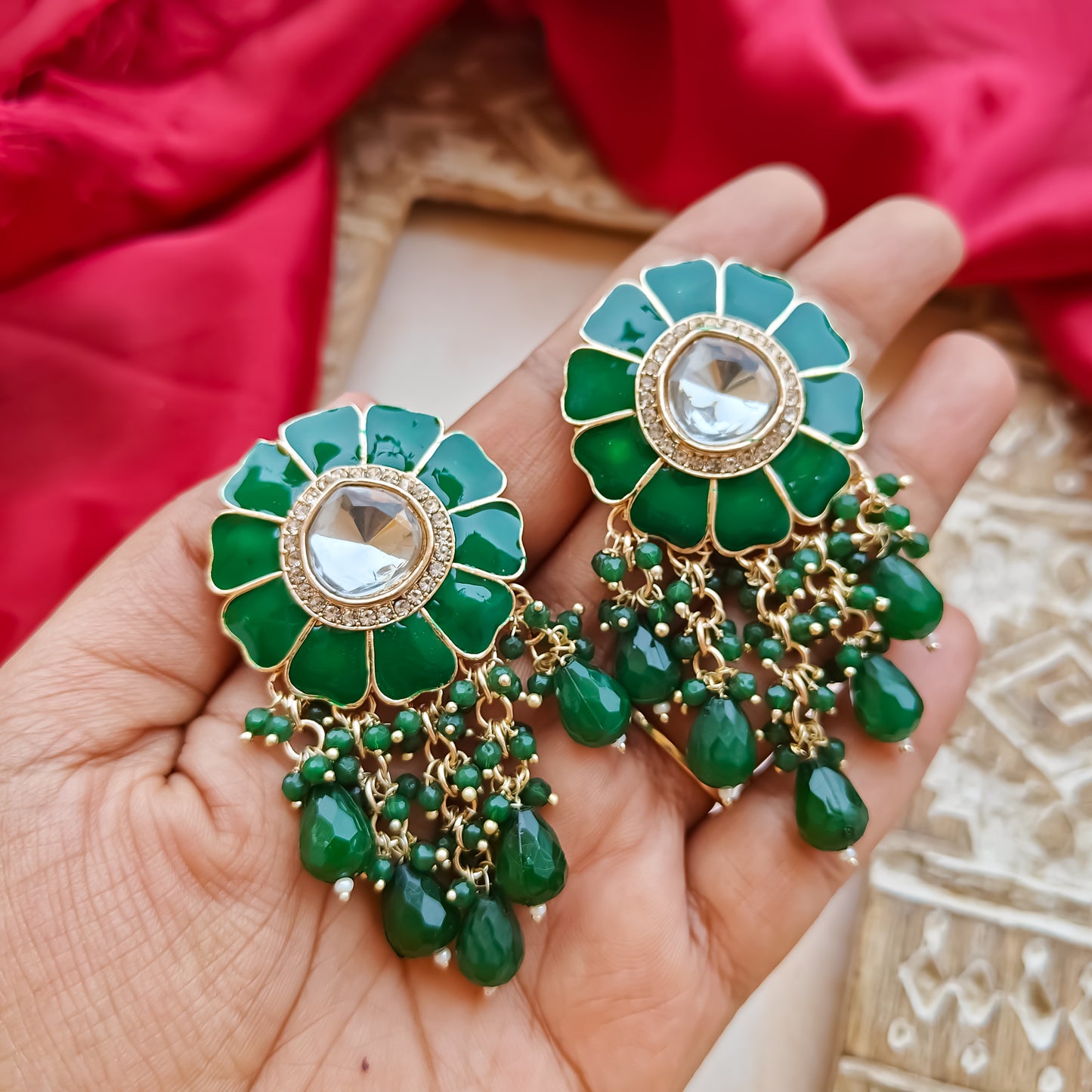 Noori Polki Stud Earrings - Green