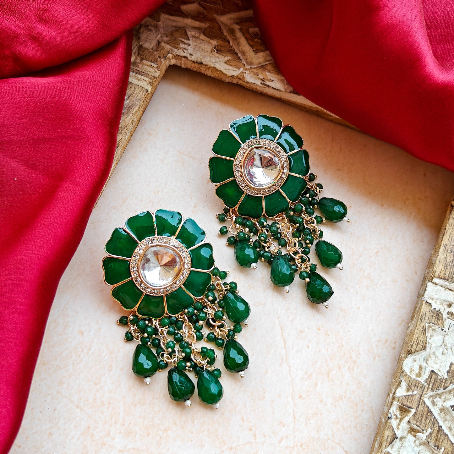 Noori Polki Stud Earrings - Green