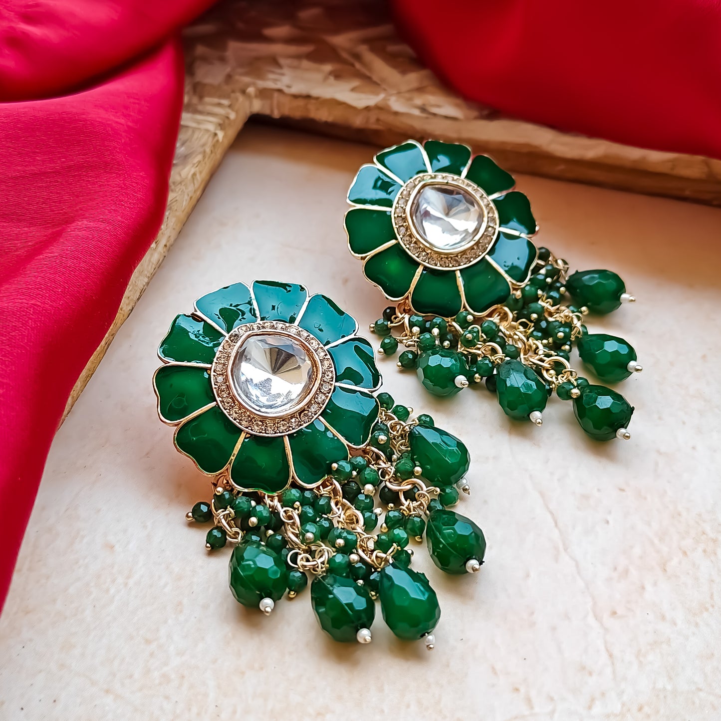 Noori Polki Stud Earrings - Green