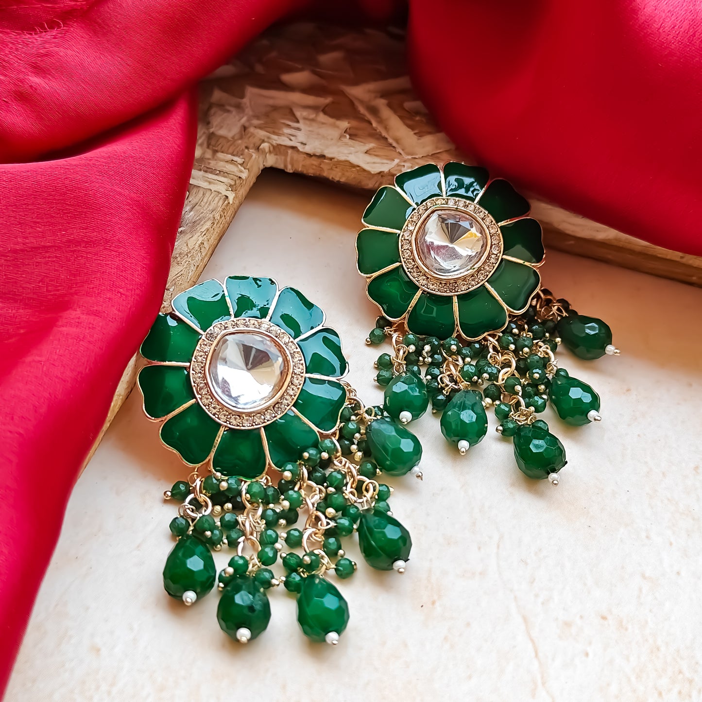 Noori Polki Stud Earrings - Green