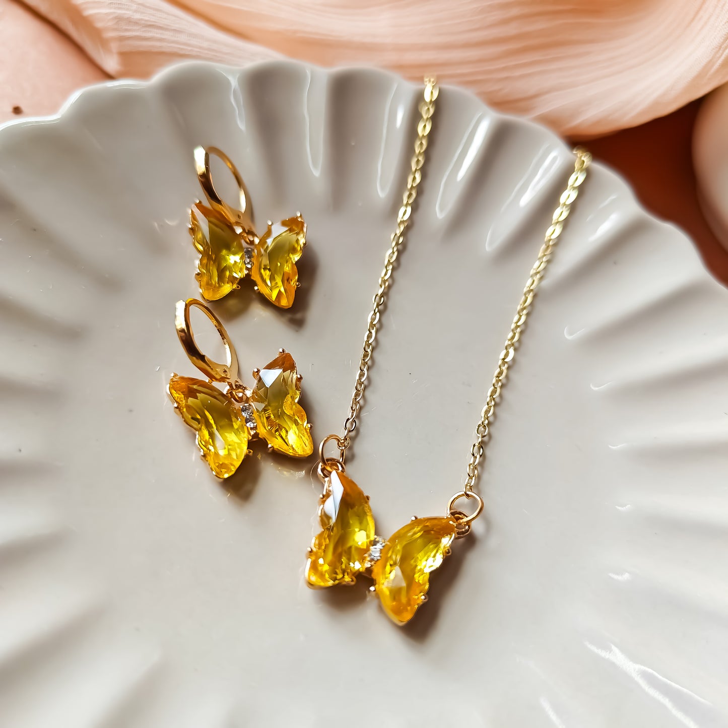 Butterfly Pendant Earrings Combo Set - Aqua Yellow