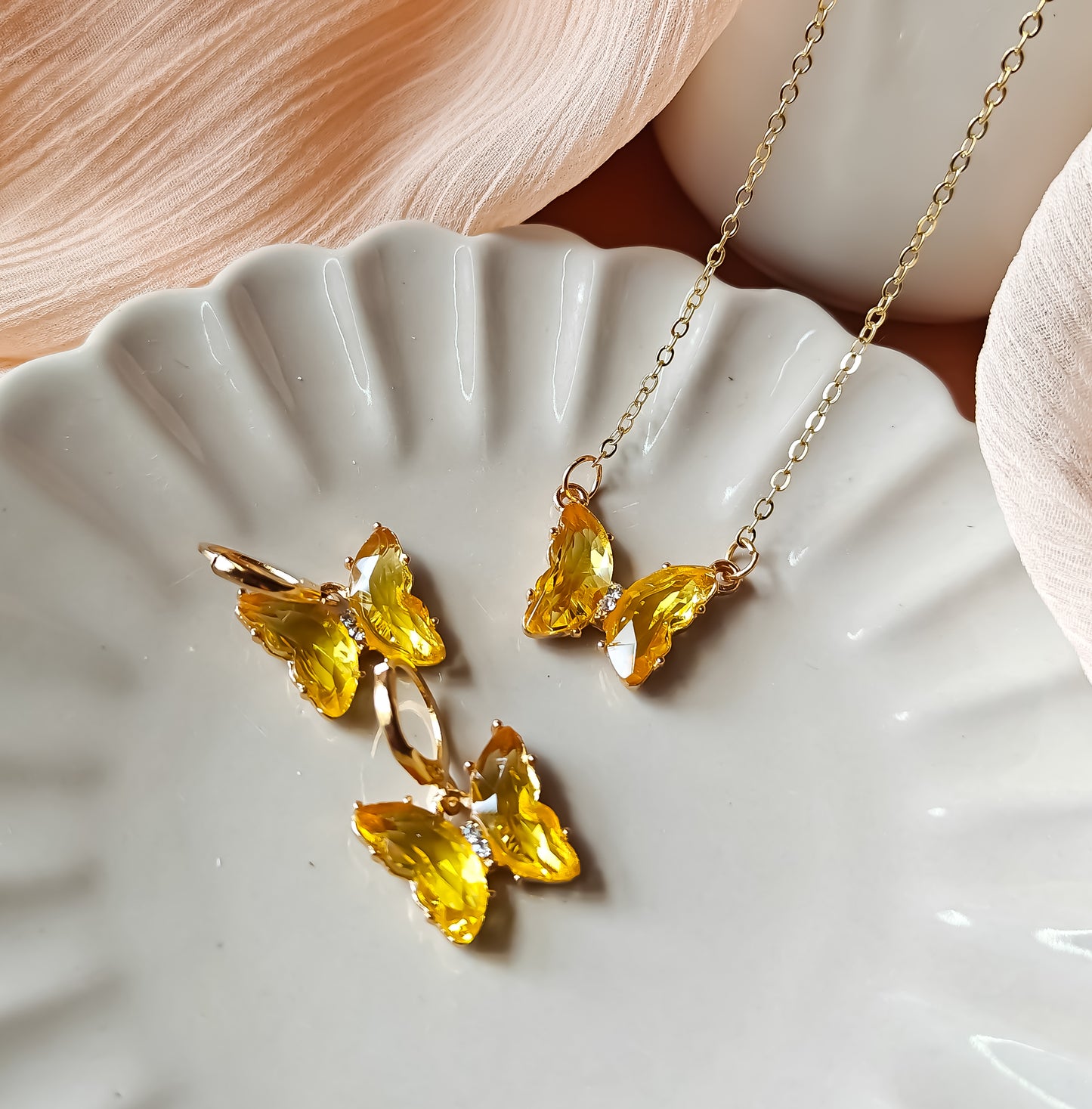 Butterfly Pendant Earrings Combo Set - Aqua Yellow
