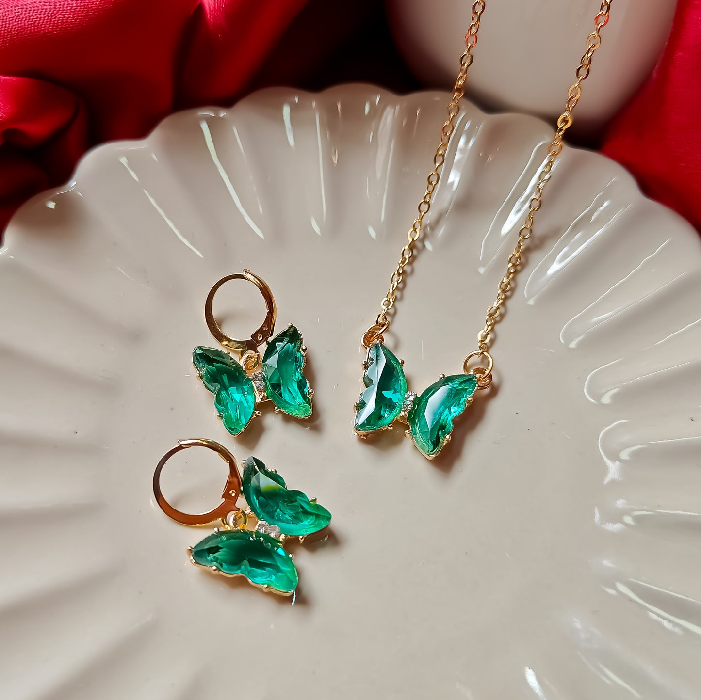 Butterfly Pendant Earrings Combo Set - Aqua Green