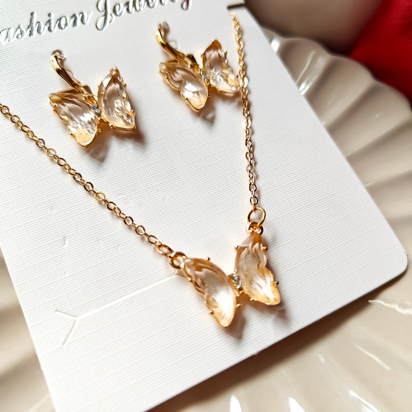 Butterfly Pendant Earrings Combo Set - Peach