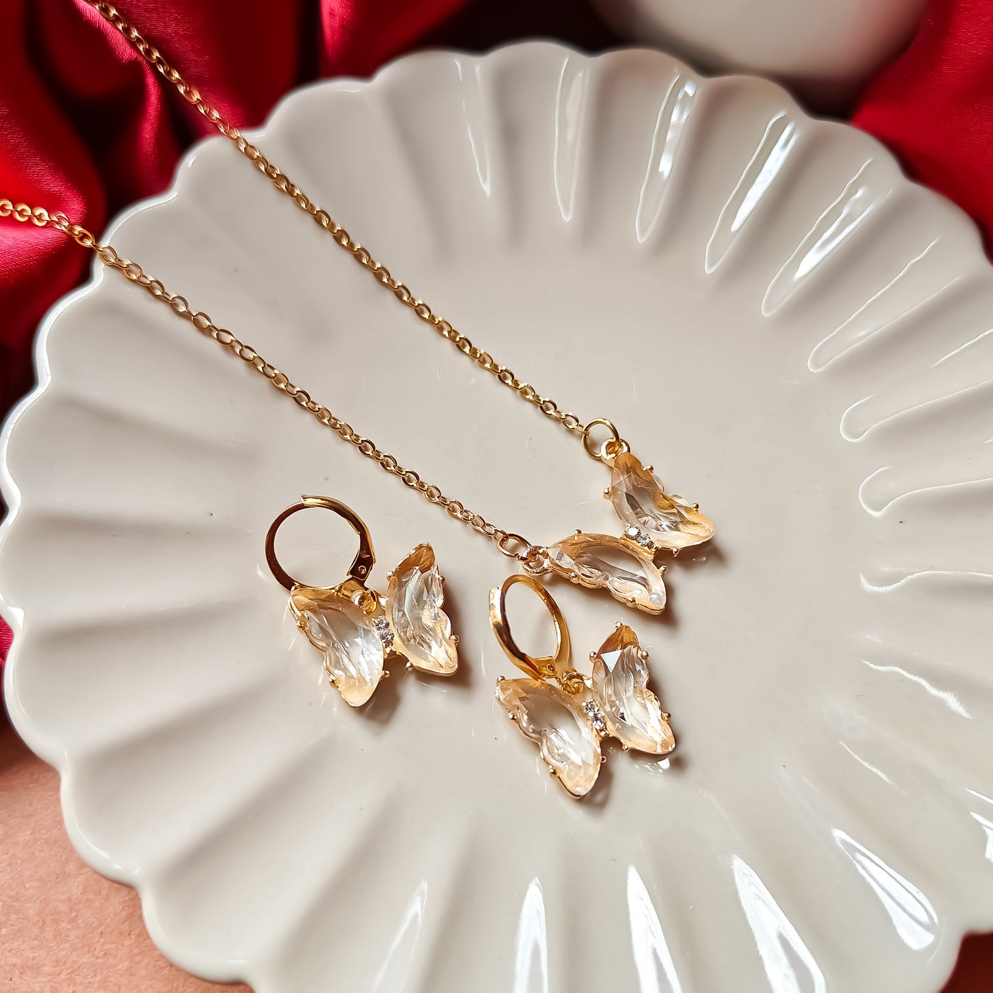 Butterfly Pendant Earrings Combo Set - Peach