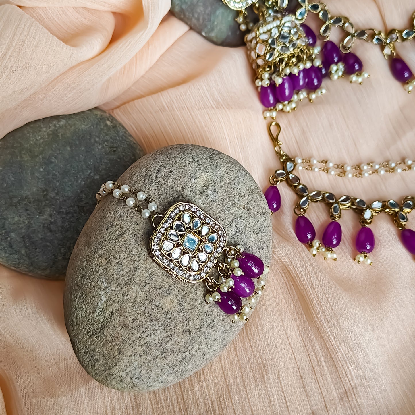 Mohika Mirror Jhumka Earrings with Sahara & Tika Set - Purple