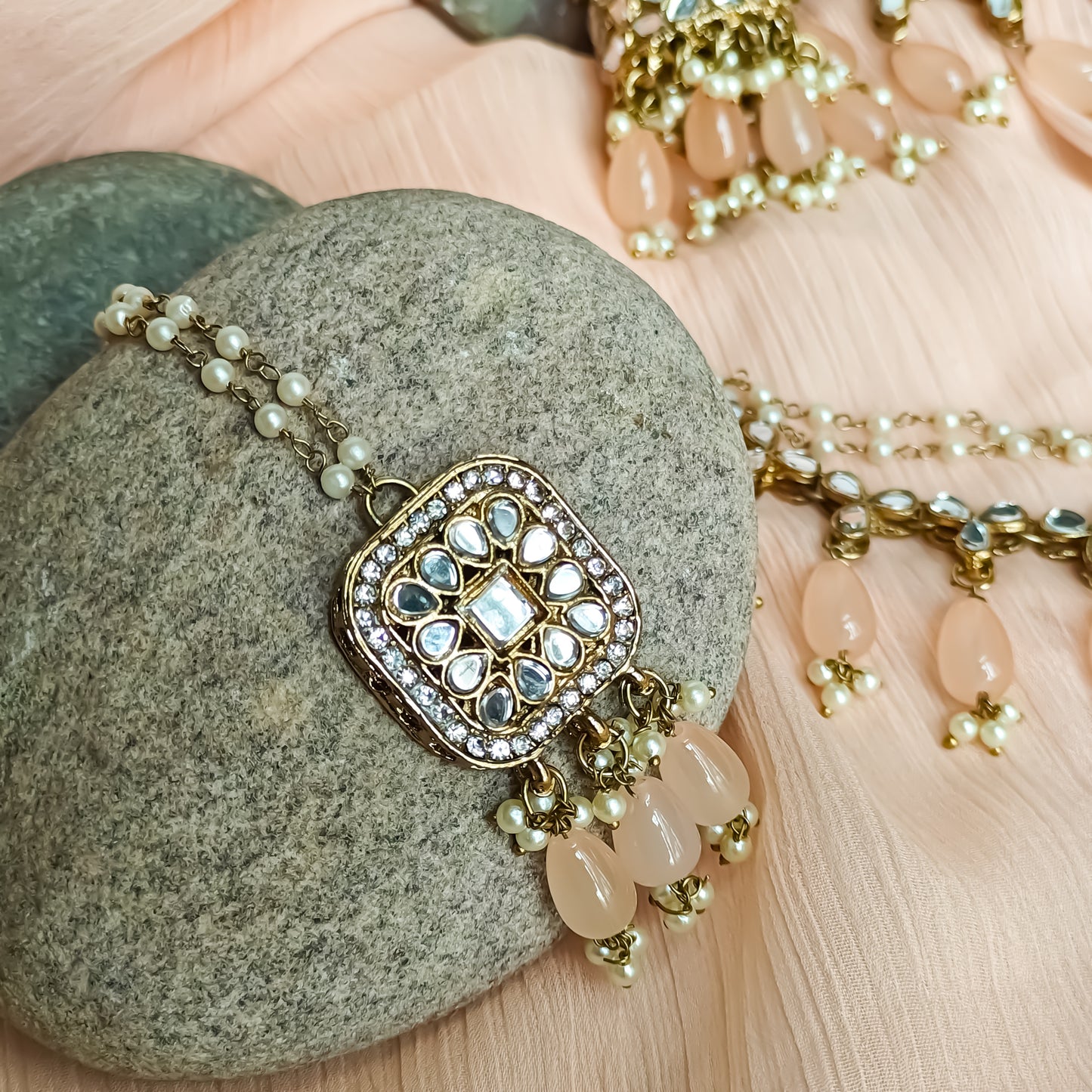 Mohika Mirror Jhumka Earrings with Sahara & Tika Set - Peach