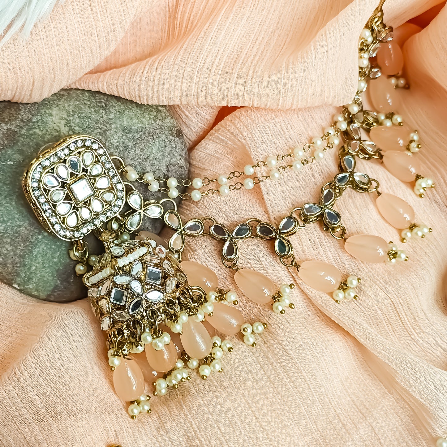 Mohika Mirror Jhumka Earrings with Sahara & Tika Set - Peach