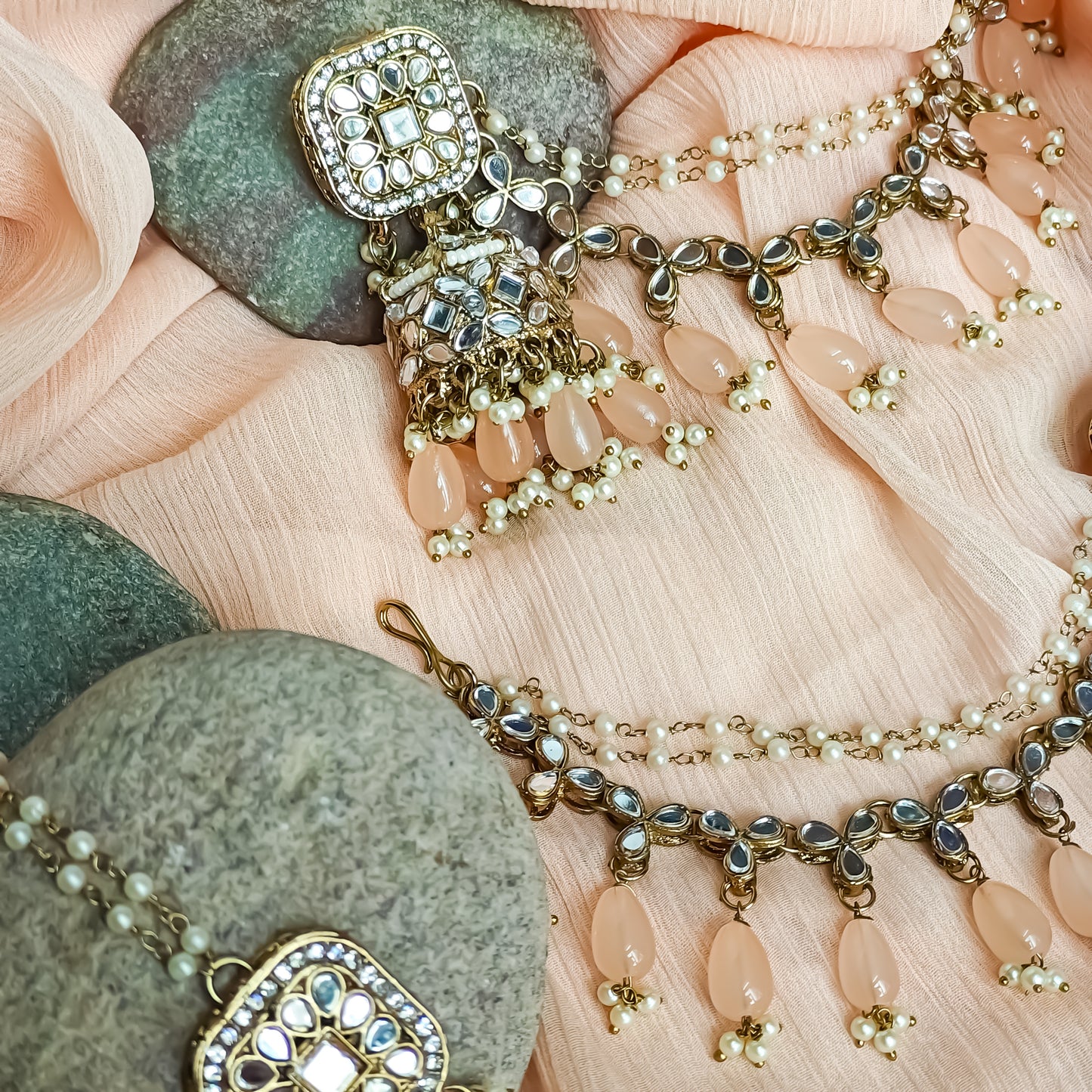 Mohika Mirror Jhumka Earrings with Sahara & Tika Set - Peach