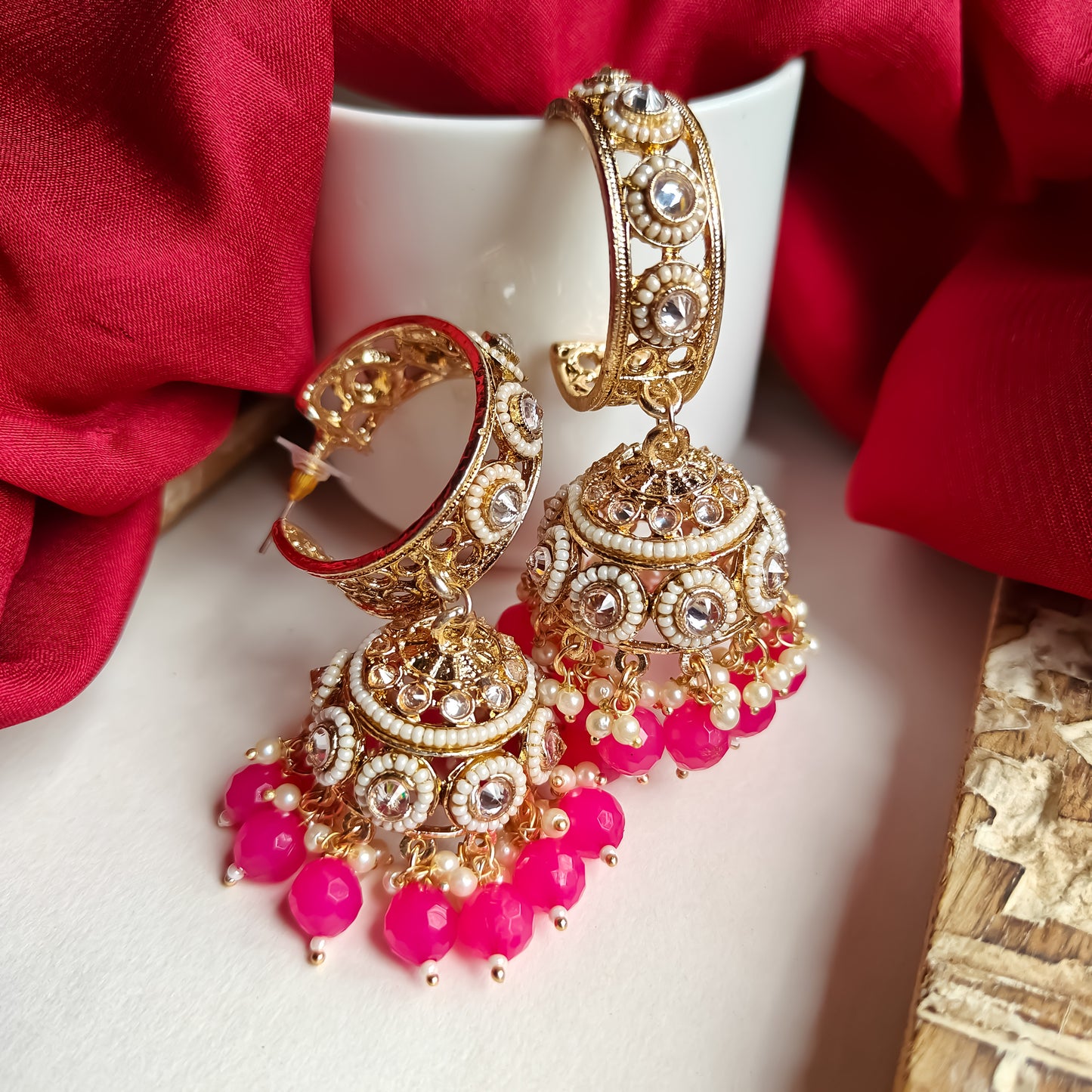 Amrina Premium Bali Jhumka Earrings - Hot Pink