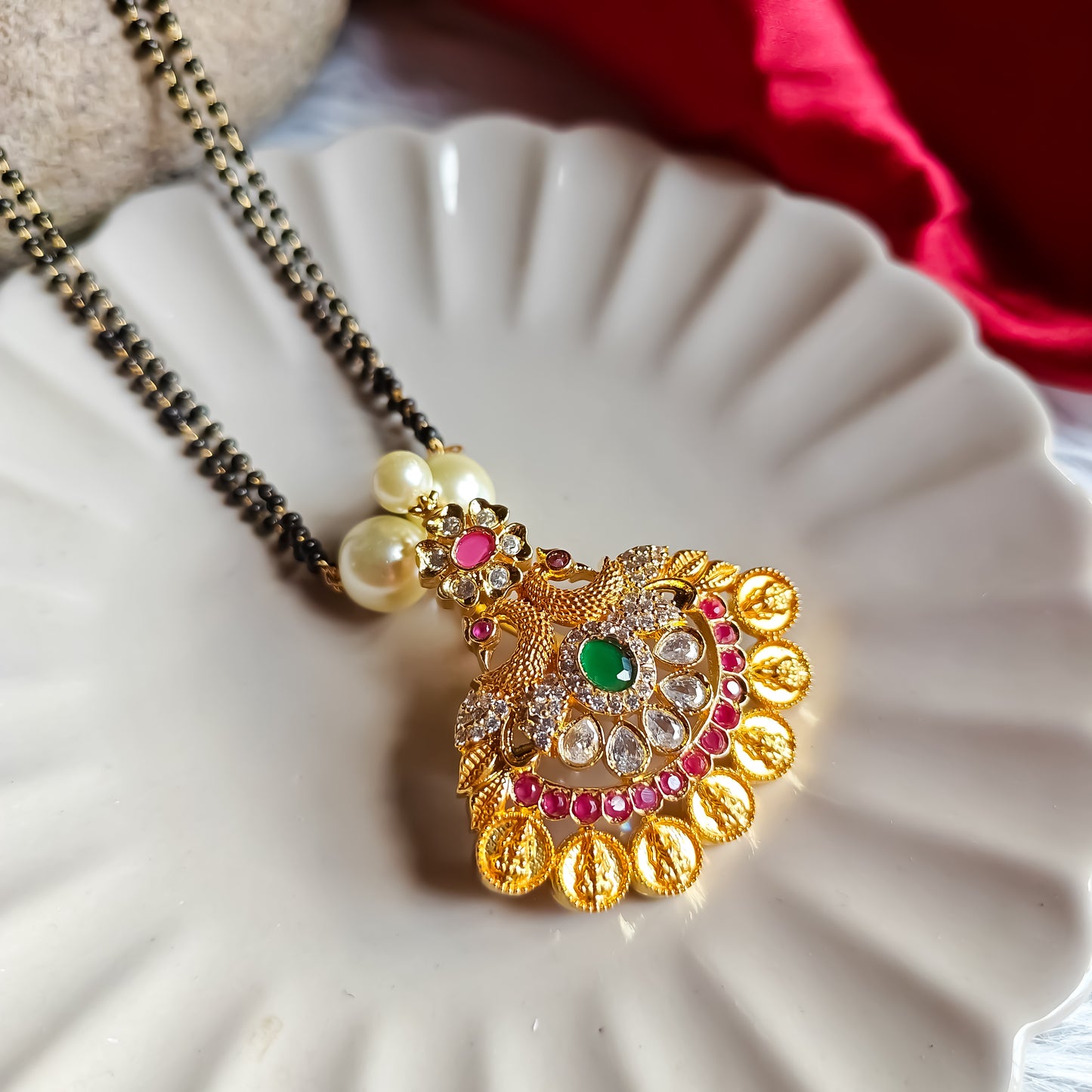 Peacock AD Mangalsutra with Green & Emerald Stones