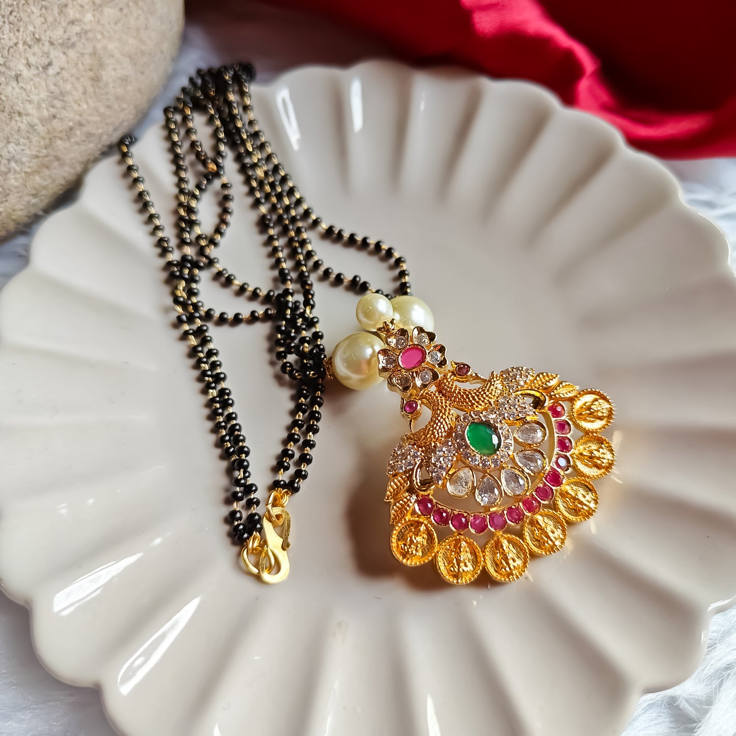 Peacock AD Mangalsutra with Green & Emerald Stones
