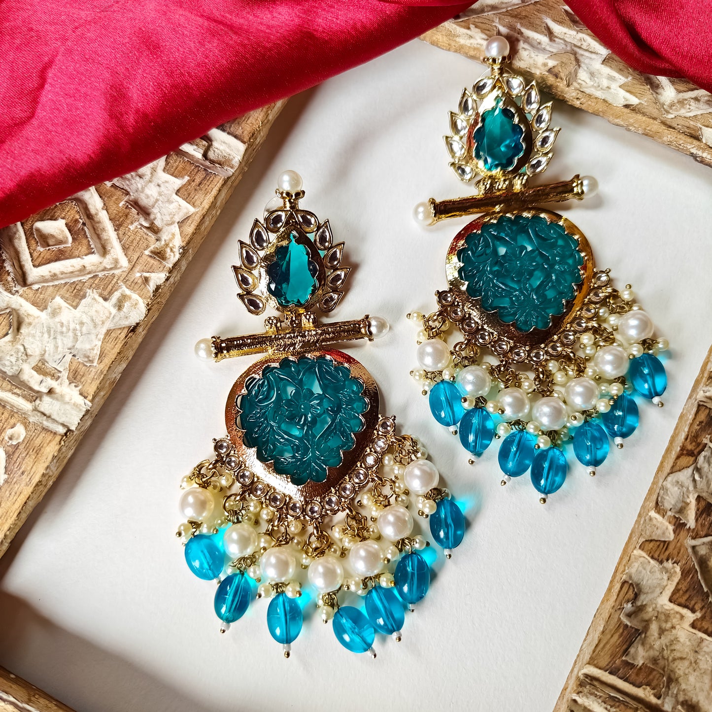 Shagun Cutwork Chandbali Earrings - Firozi