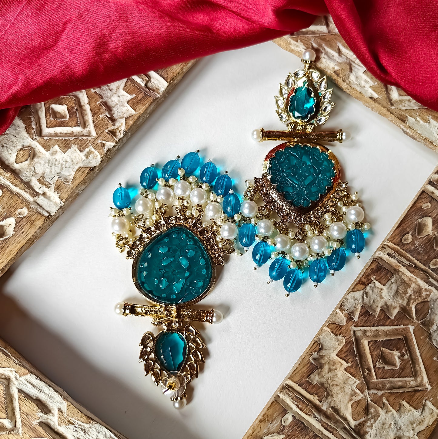 Shagun Cutwork Chandbali Earrings - Firozi