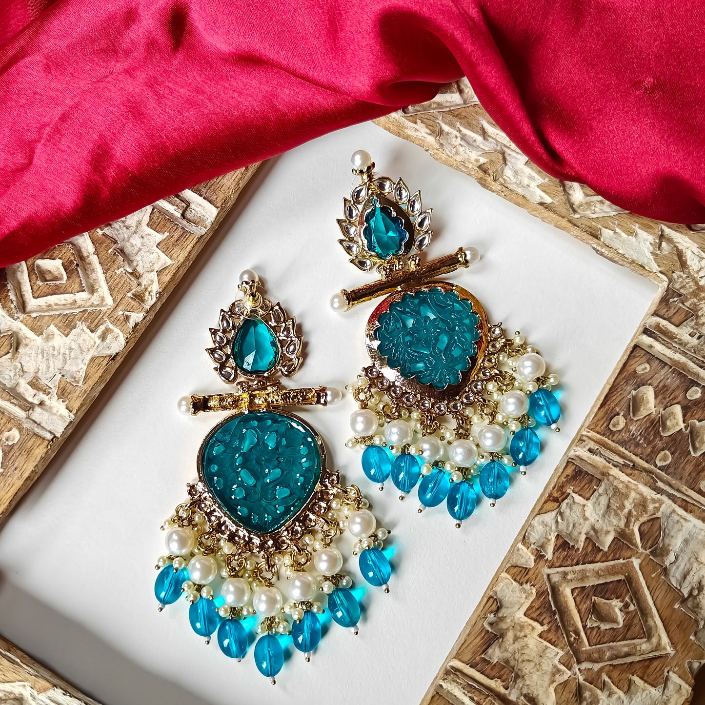 Shagun Cutwork Chandbali Earrings - Firozi