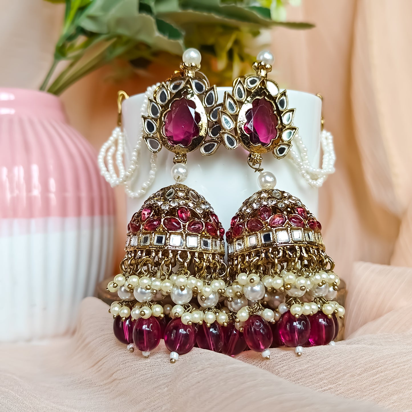 Shagun Jhumka Earrings - Wine