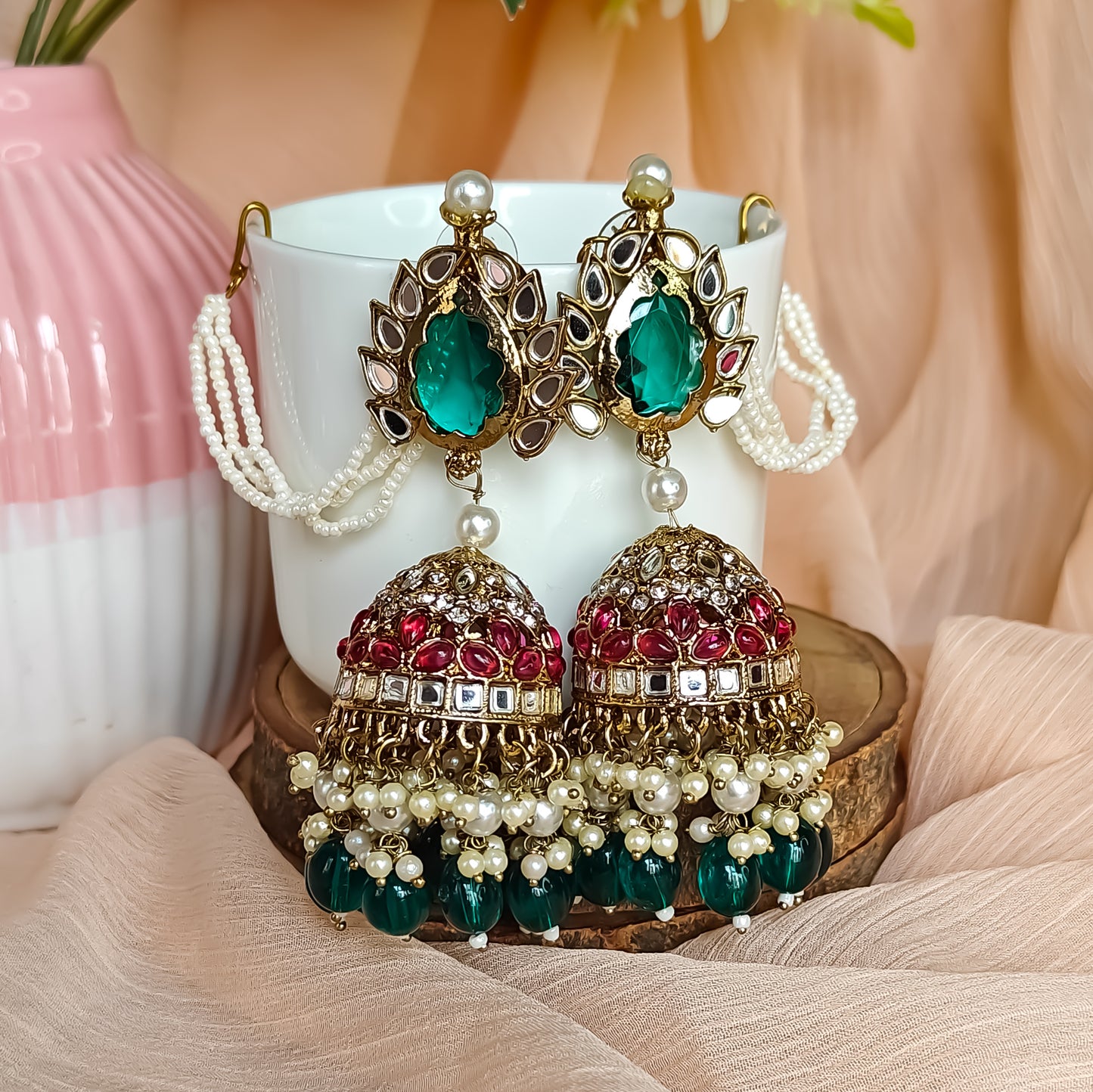 Shagun Jhumka Earrings - Green Pearl